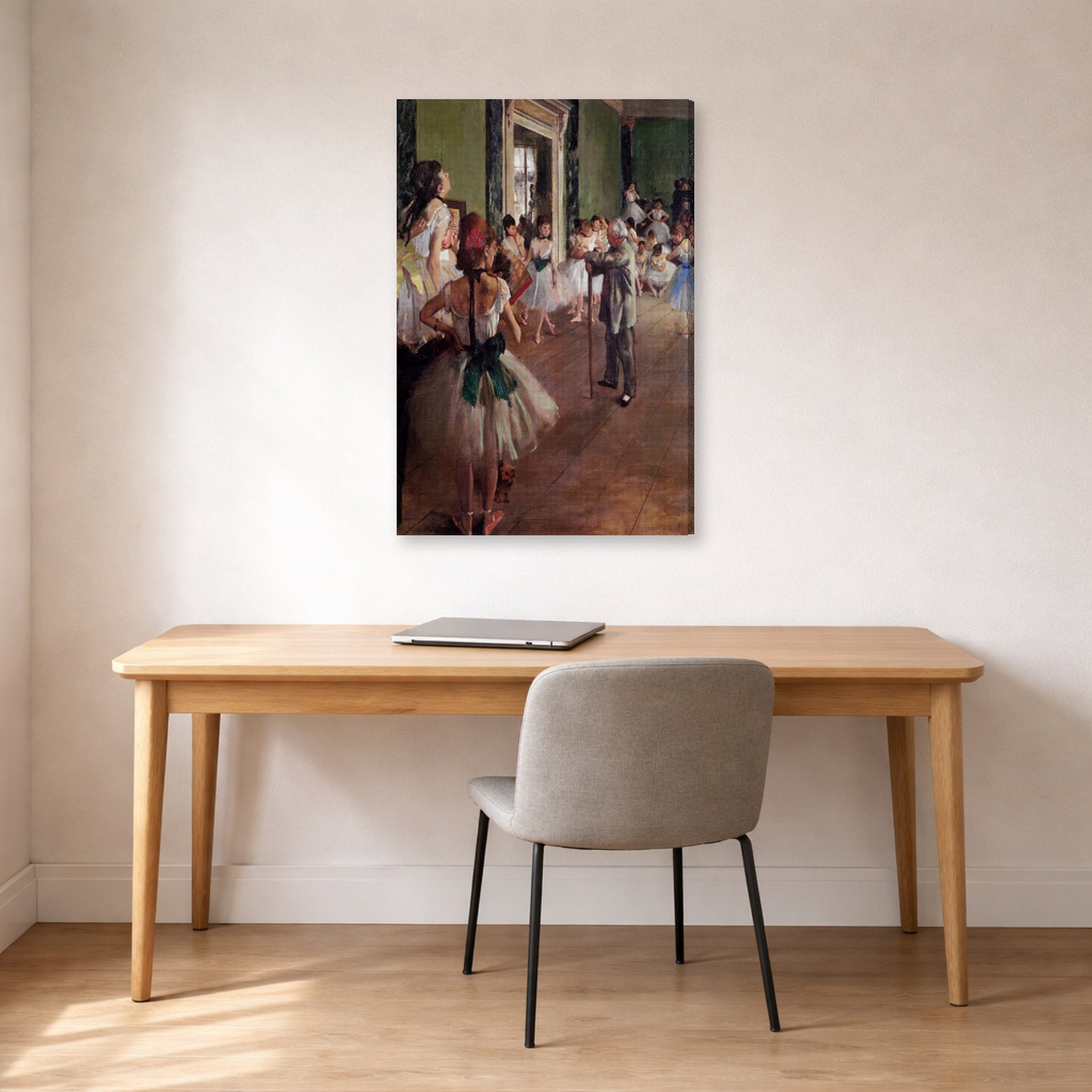 Gallery-wrapped canvas print of Edgar Degas's Ballet Class displayed on a wall in a office