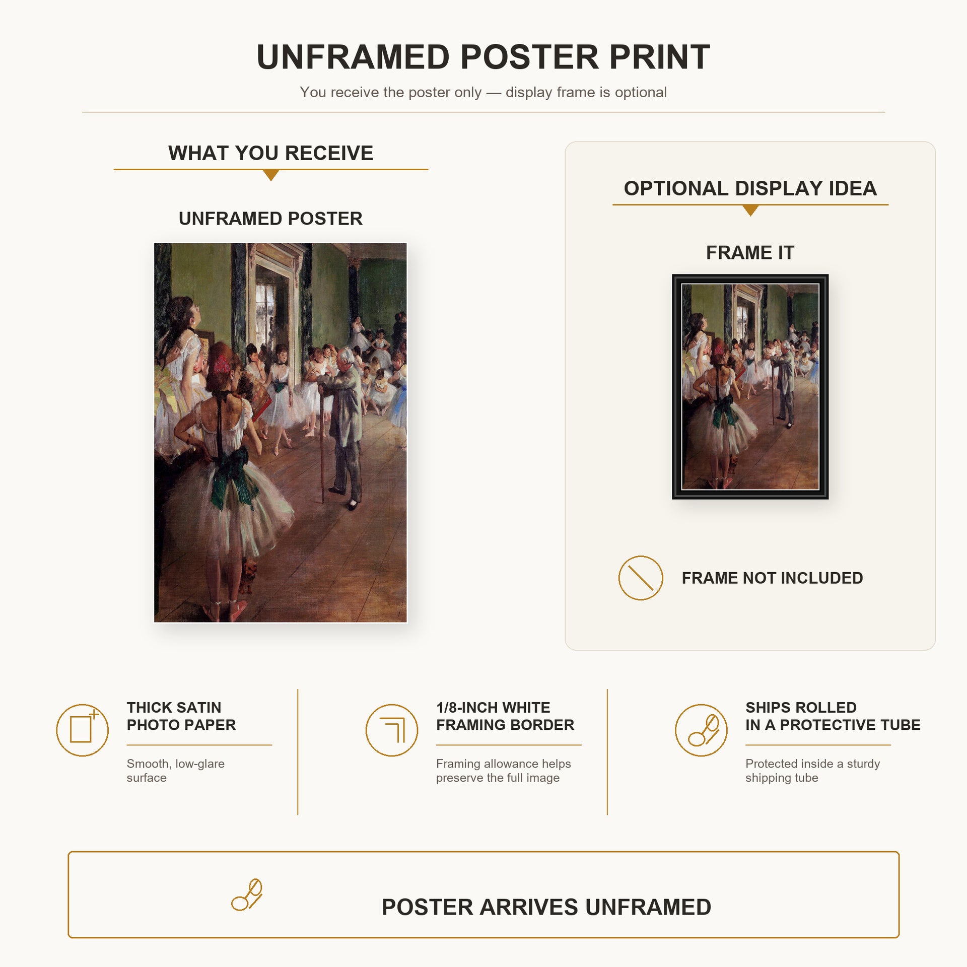 Edgar Degas - Ballet Class poster print size comparison and framing display infographic