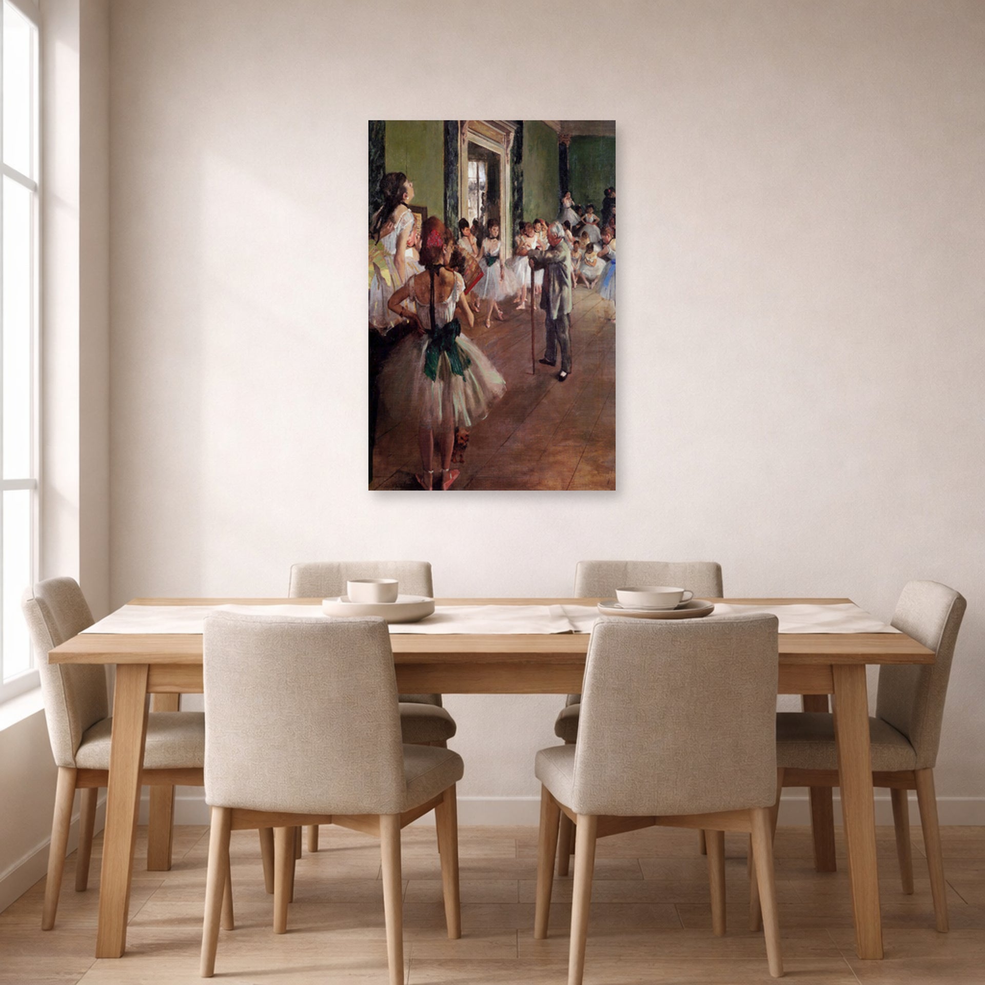 Unframed poster print of Edgar Degas's Ballet Class displayed on a wall in a dining