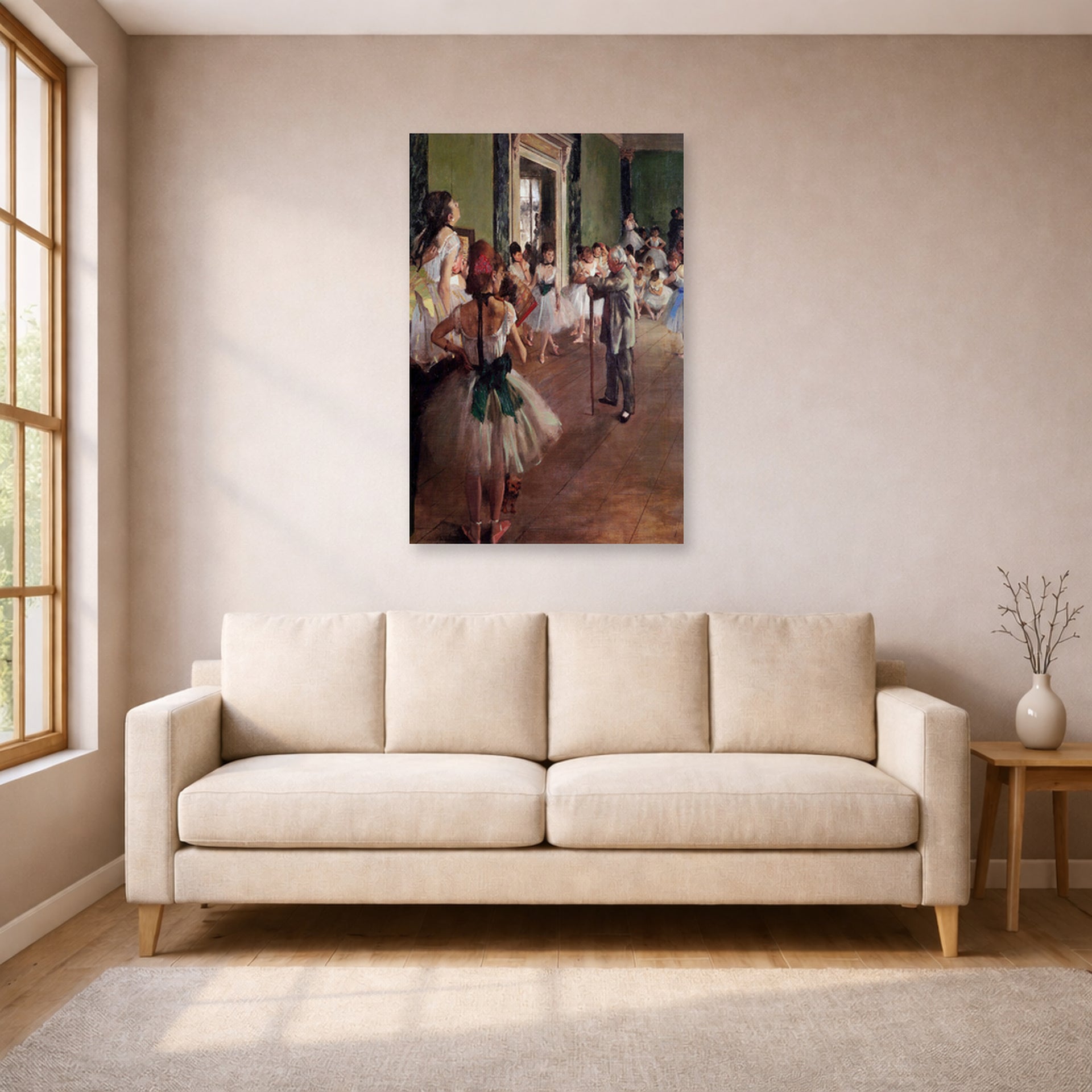 Unframed poster print of Edgar Degas's Ballet Class displayed on a wall in a living room