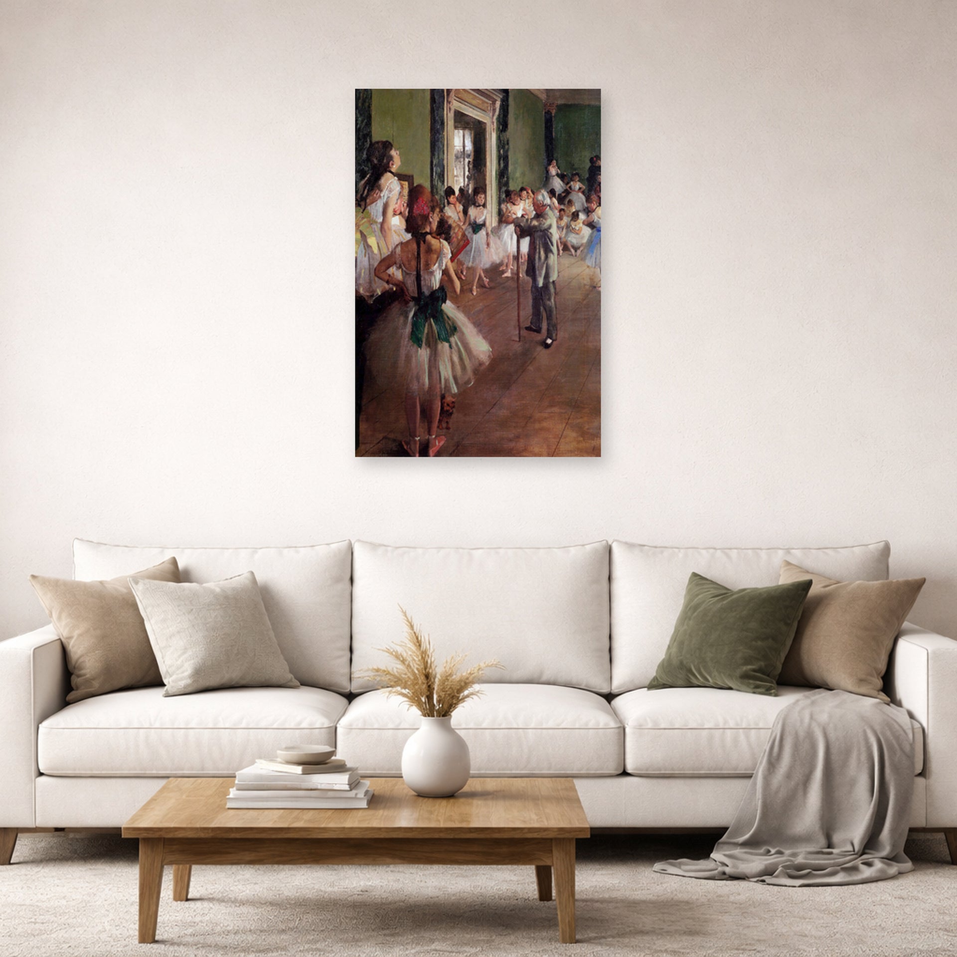 Unframed poster print of Edgar Degas's Ballet Class displayed on a wall in a living room