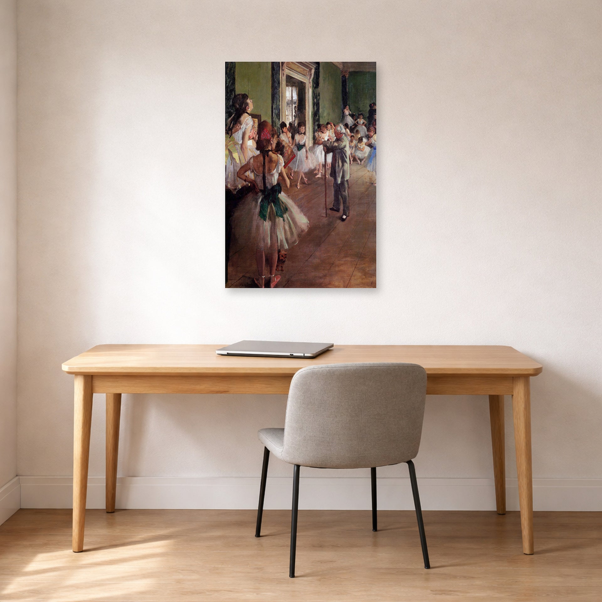 Unframed poster print of Edgar Degas's Ballet Class displayed on a wall in a office