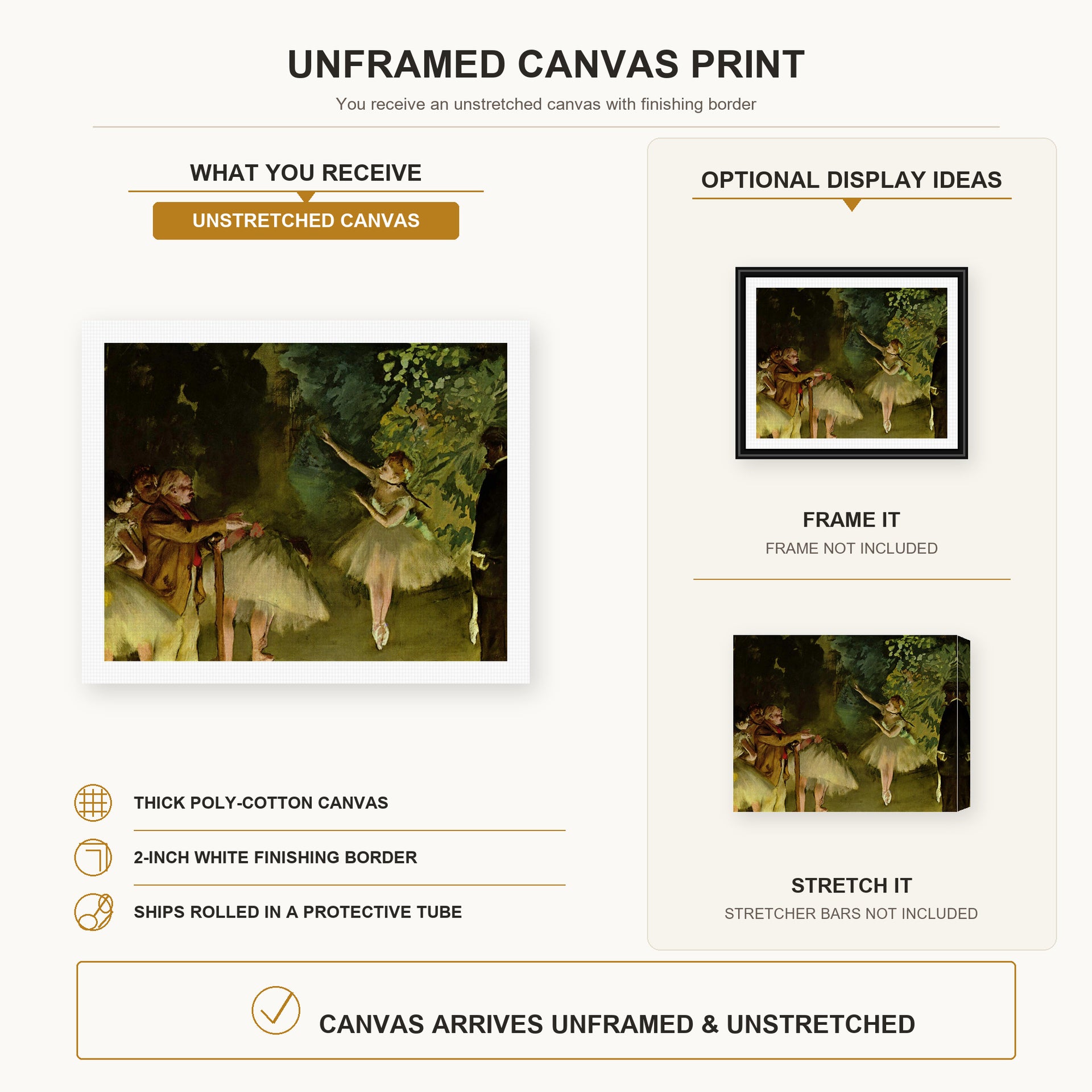 Edgar Degas - Ballet Rehearsal canvas print size comparison and framing display infographic