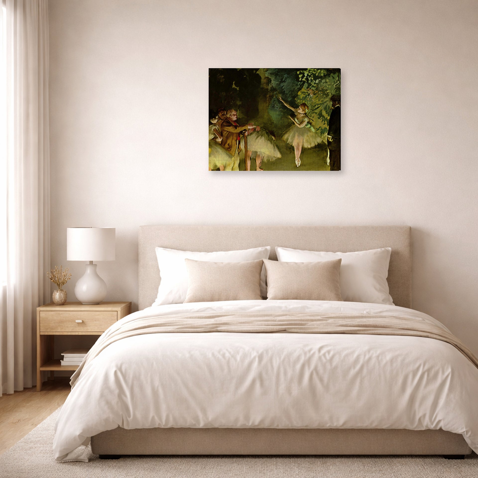 Gallery-wrapped canvas print of Edgar Degas's Ballet Rehearsal displayed on a wall in a bedroom
