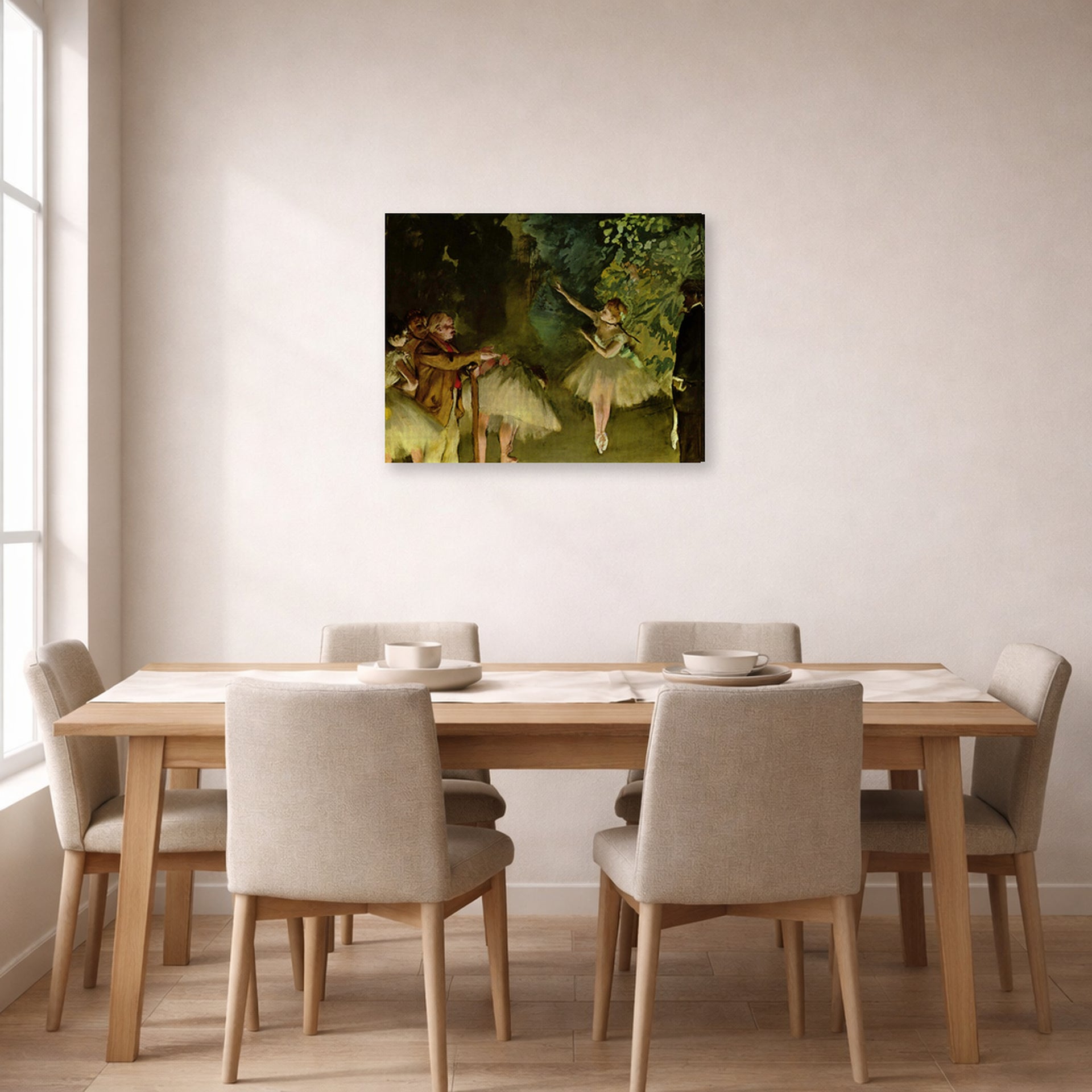 Gallery-wrapped canvas print of Edgar Degas's Ballet Rehearsal displayed on a wall in a dining