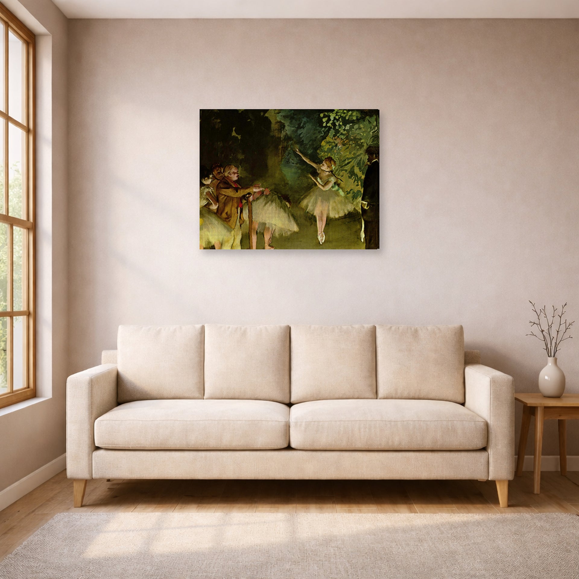 Gallery-wrapped canvas print of Edgar Degas's Ballet Rehearsal displayed on a wall in a living room