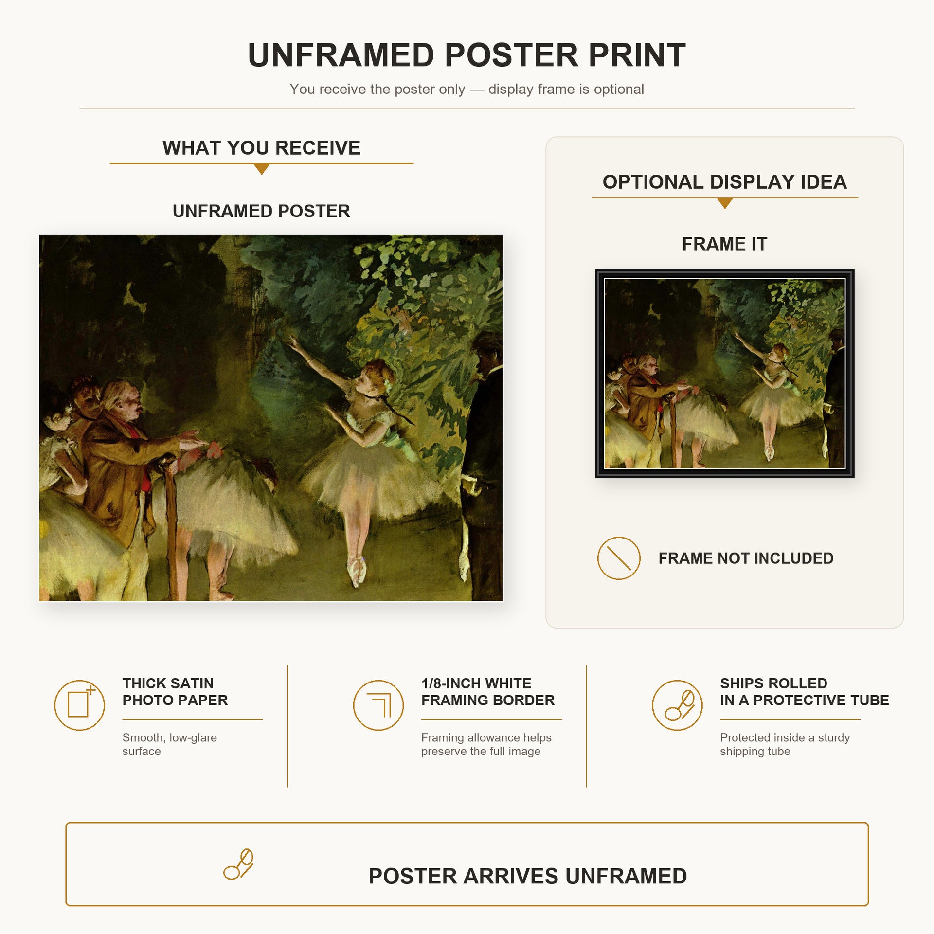 Edgar Degas - Ballet Rehearsal poster print size comparison and framing display infographic