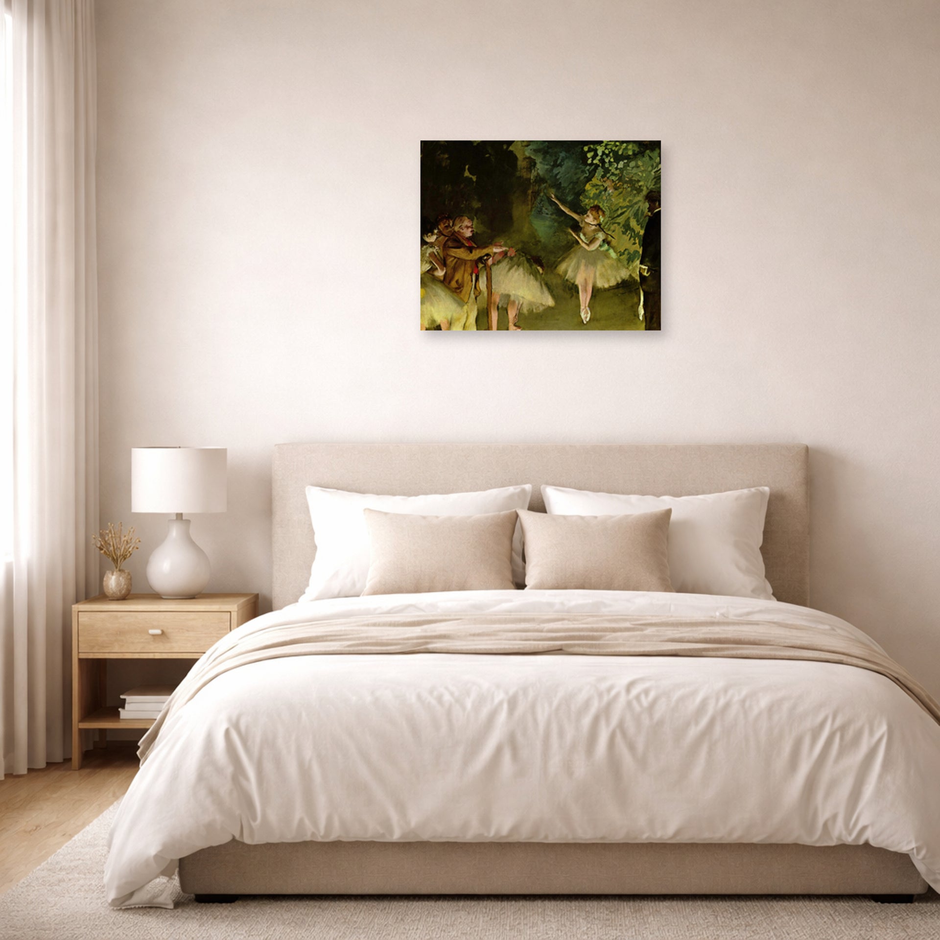 Unframed poster print of Edgar Degas's Ballet Rehearsal displayed on a wall in a bedroom