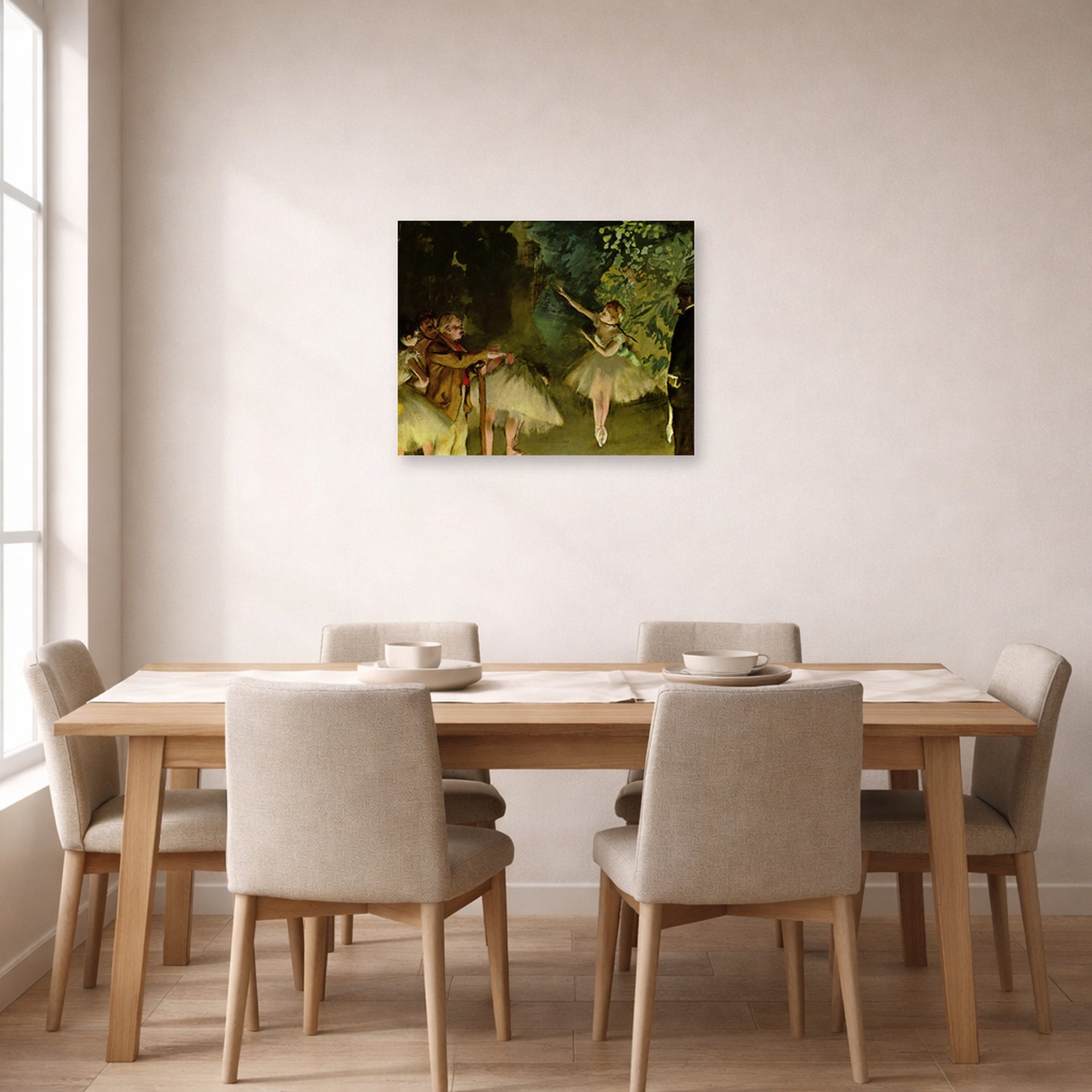 Unframed poster print of Edgar Degas's Ballet Rehearsal displayed on a wall in a dining