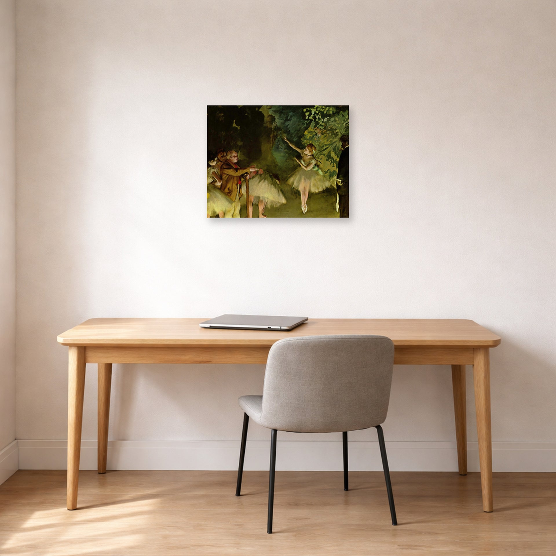Unframed poster print of Edgar Degas's Ballet Rehearsal displayed on a wall in a office