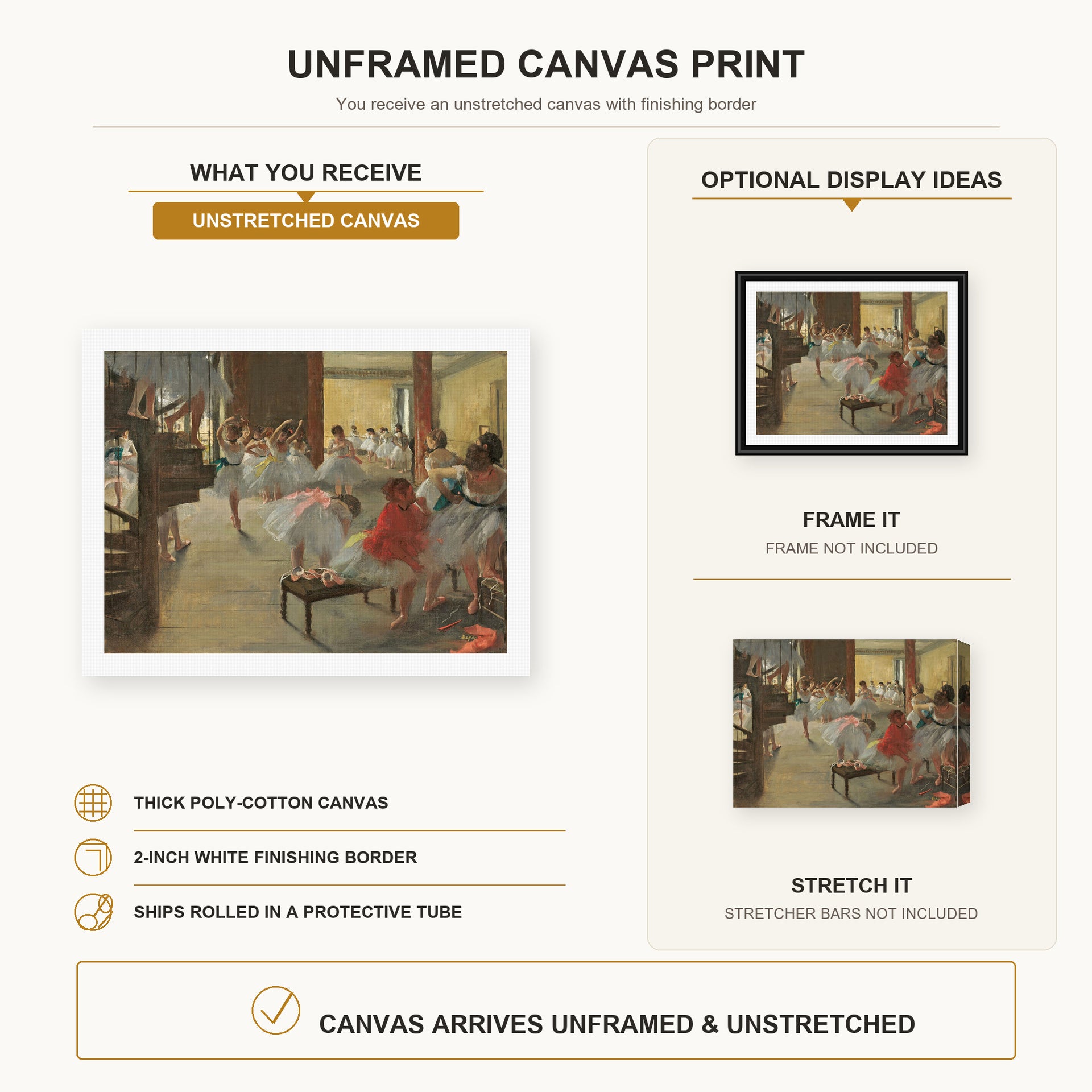 Edgar Degas - Ballet School canvas print size comparison and framing display infographic