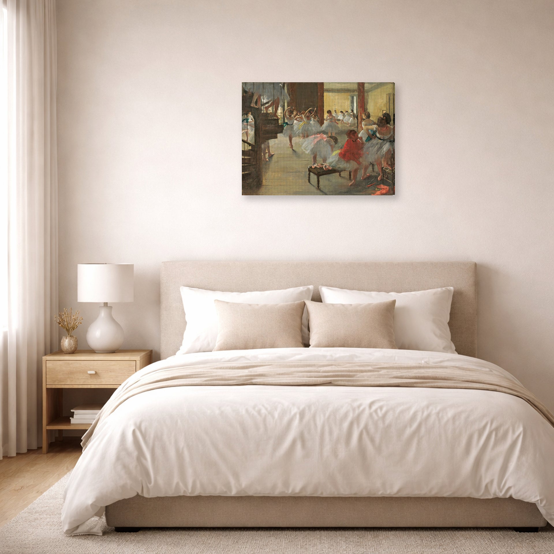 Gallery-wrapped canvas print of Edgar Degas's Ballet School displayed on a wall in a bedroom