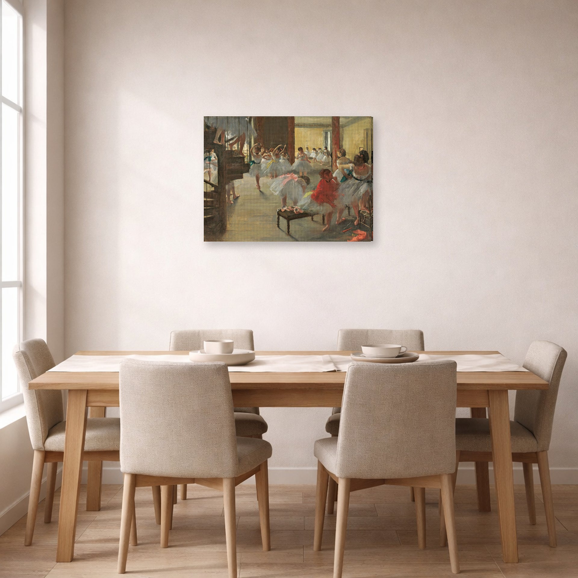 Gallery-wrapped canvas print of Edgar Degas's Ballet School displayed on a wall in a dining