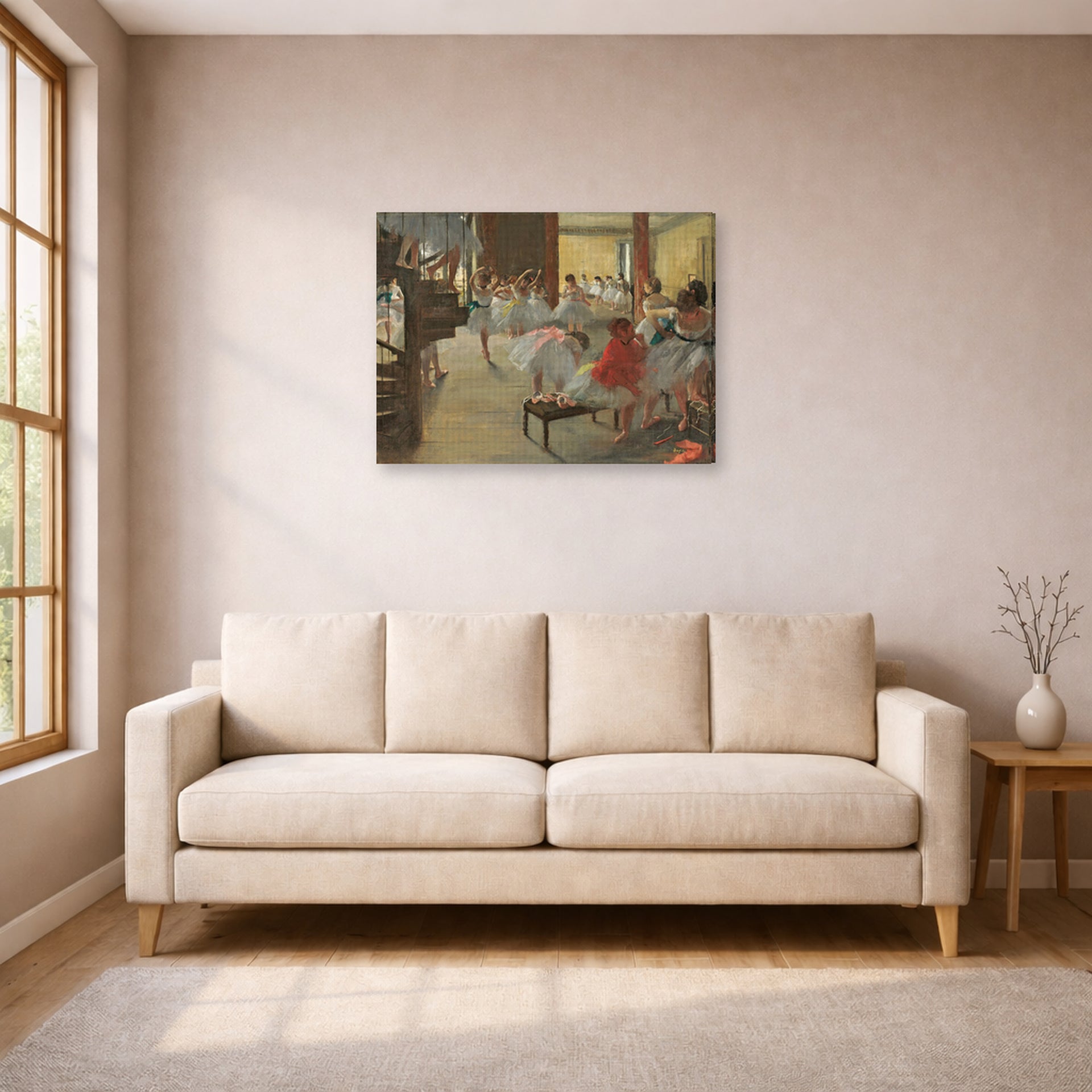 Gallery-wrapped canvas print of Edgar Degas's Ballet School displayed on a wall in a living room