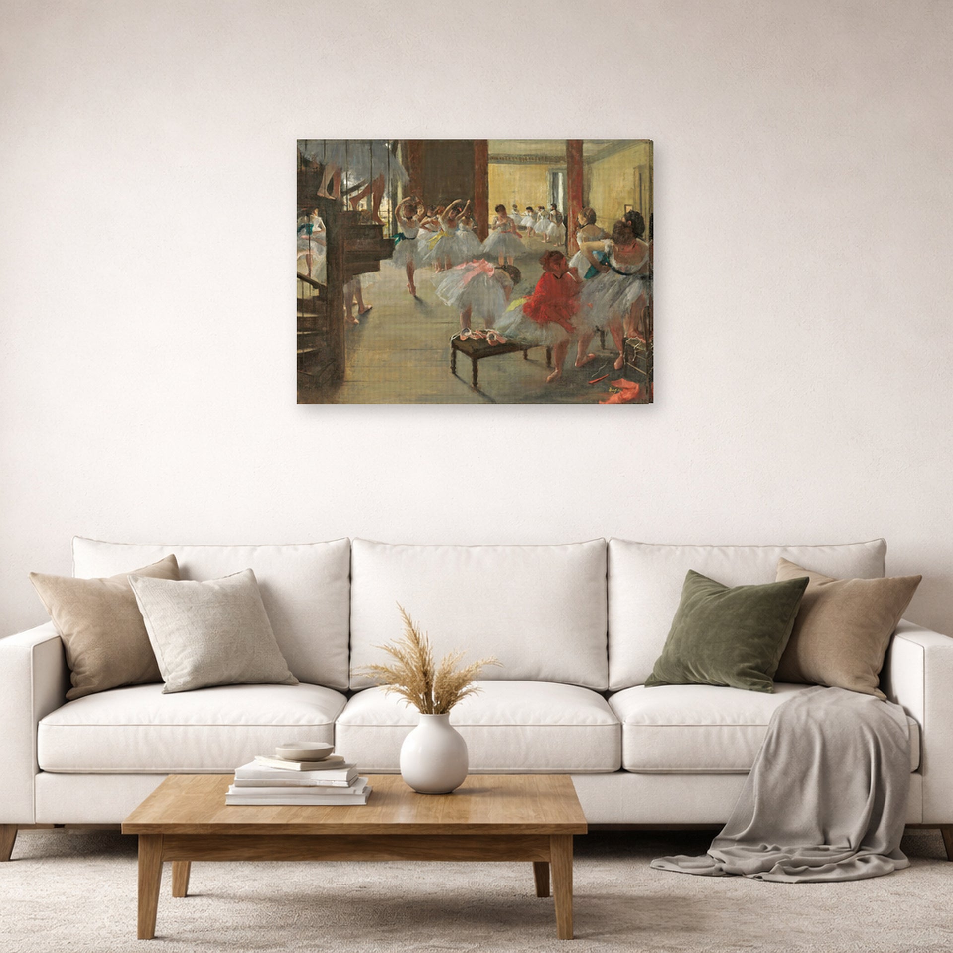 Gallery-wrapped canvas print of Edgar Degas's Ballet School displayed on a wall in a living room