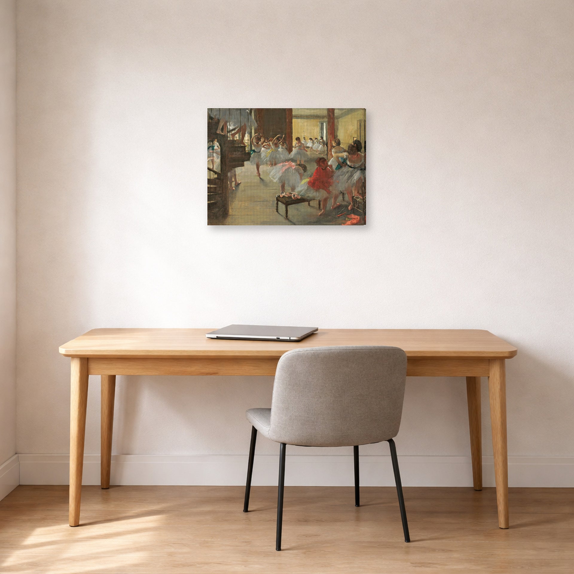 Gallery-wrapped canvas print of Edgar Degas's Ballet School displayed on a wall in a office