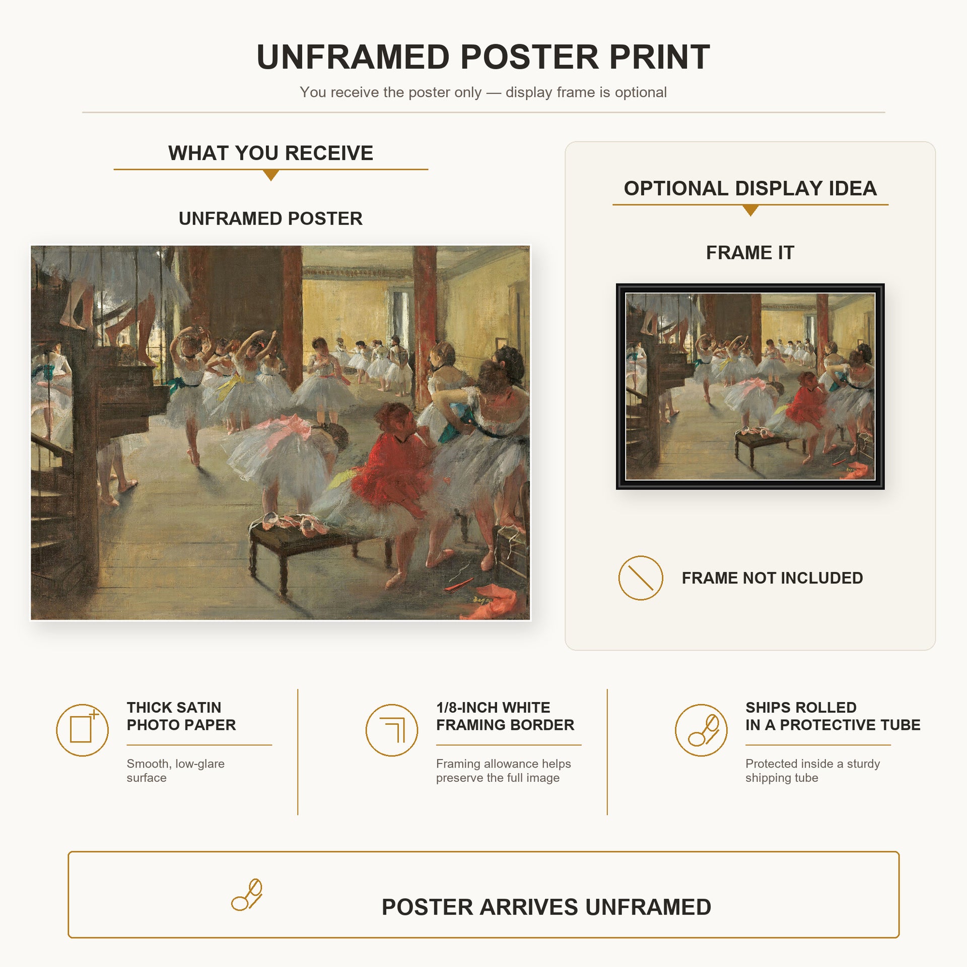 Edgar Degas - Ballet School poster print size comparison and framing display infographic