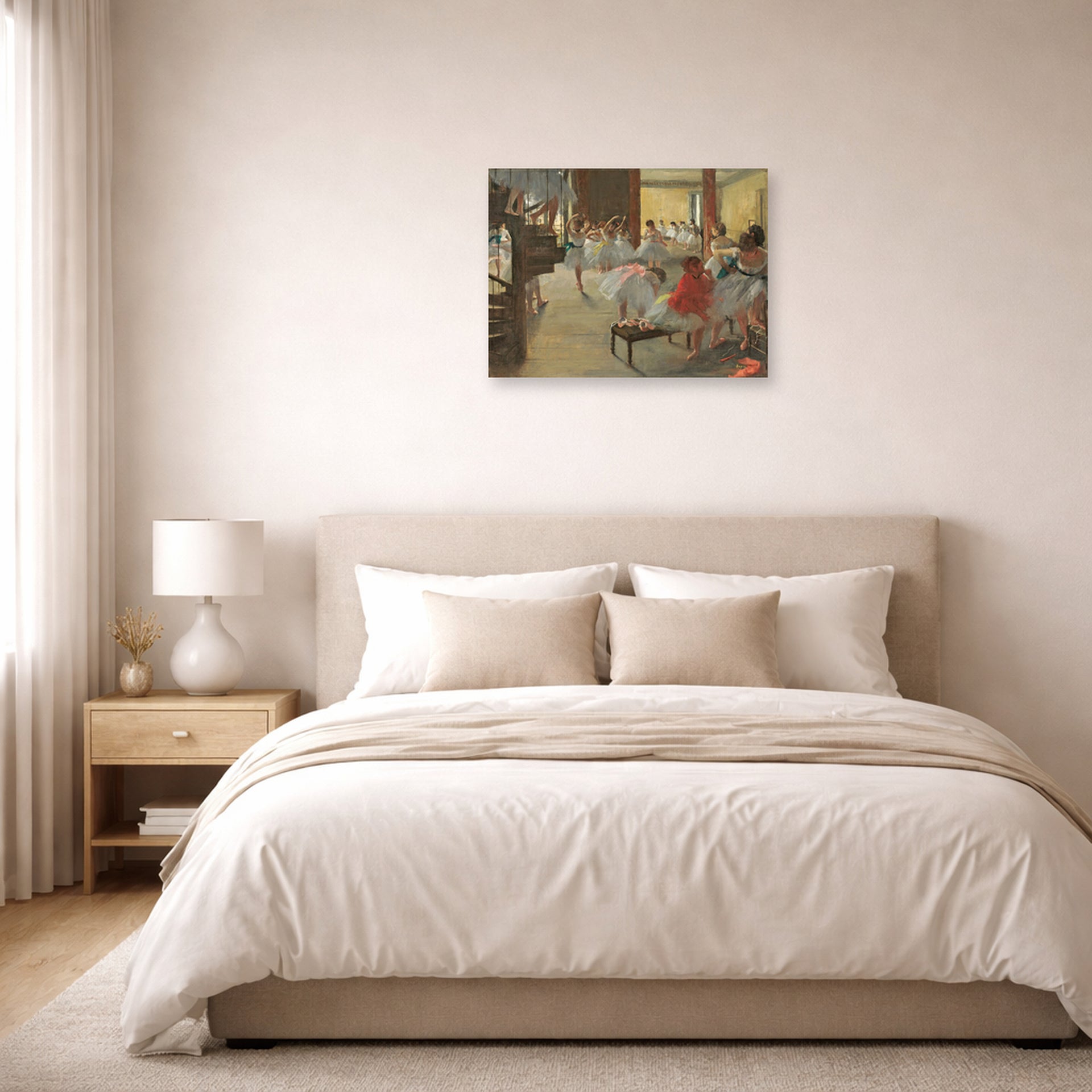 Unframed poster print of Edgar Degas's Ballet School displayed on a wall in a bedroom