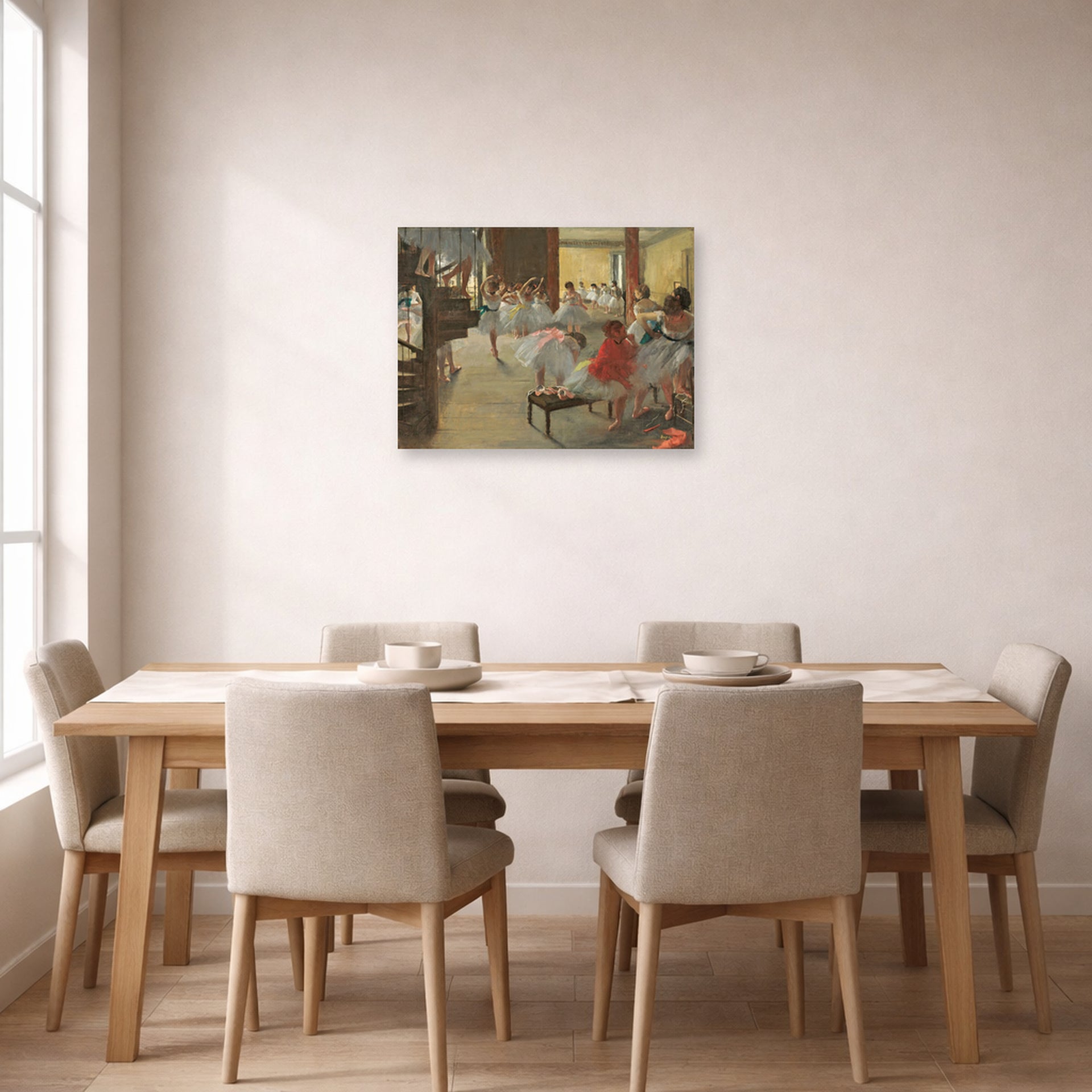 Unframed poster print of Edgar Degas's Ballet School displayed on a wall in a dining