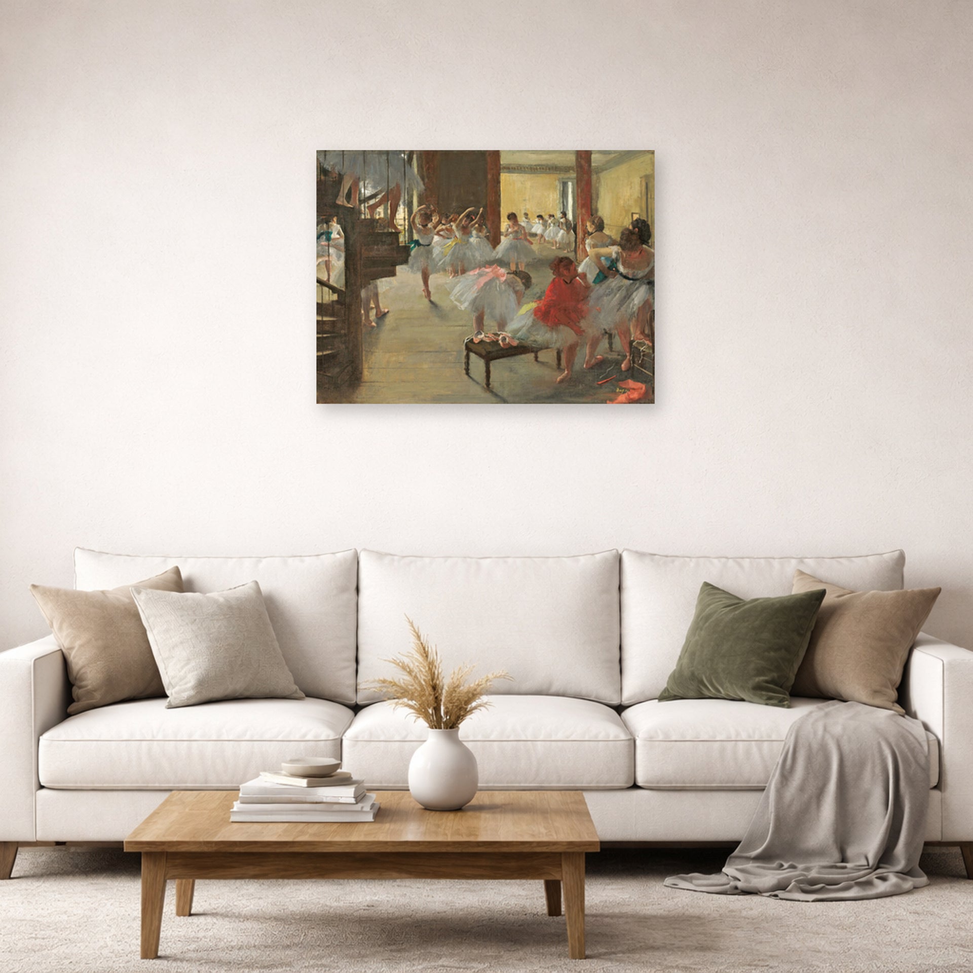 Unframed poster print of Edgar Degas's Ballet School displayed on a wall in a living room
