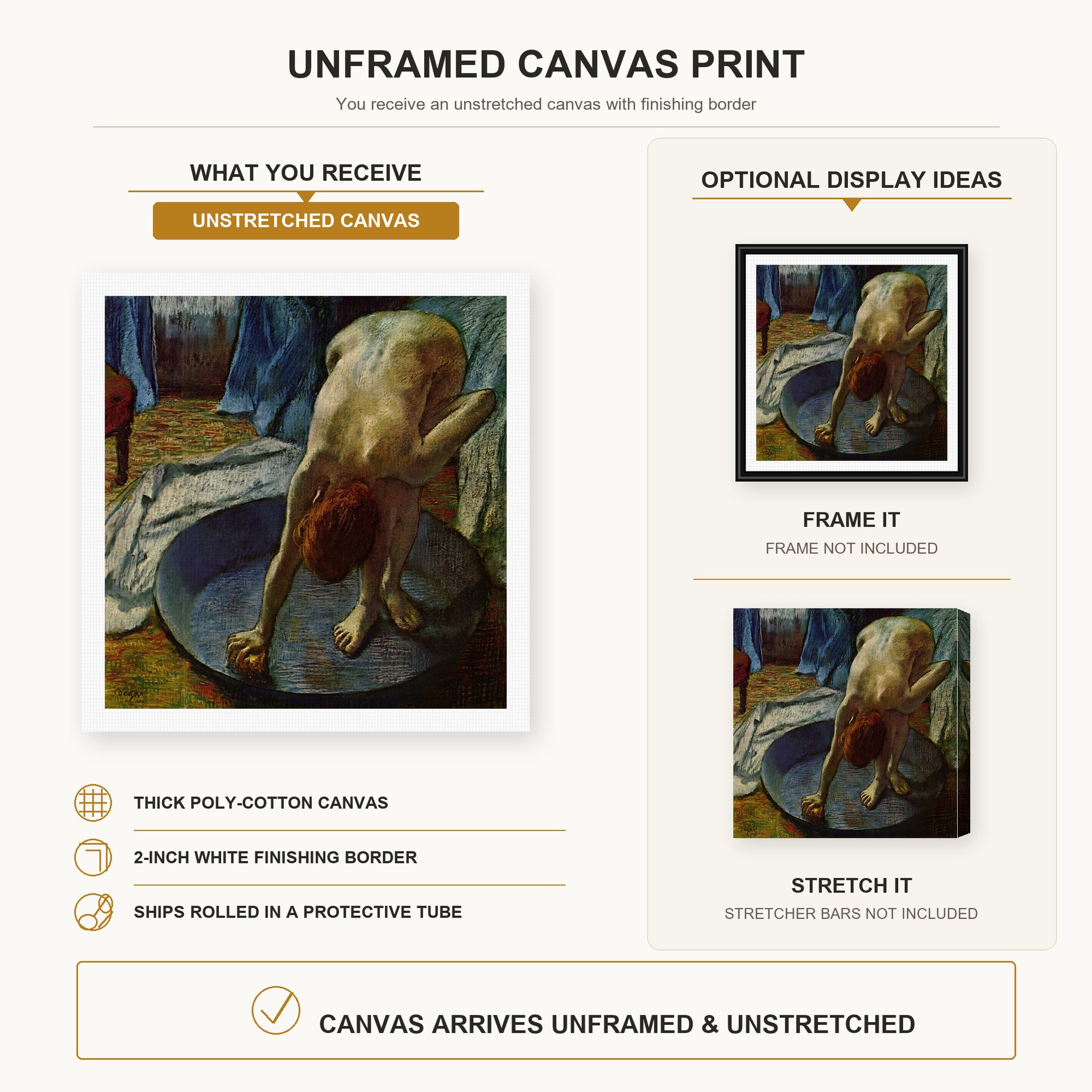 Edgar Degas - Frau In Der Badewanne canvas print size comparison and framing display infographic