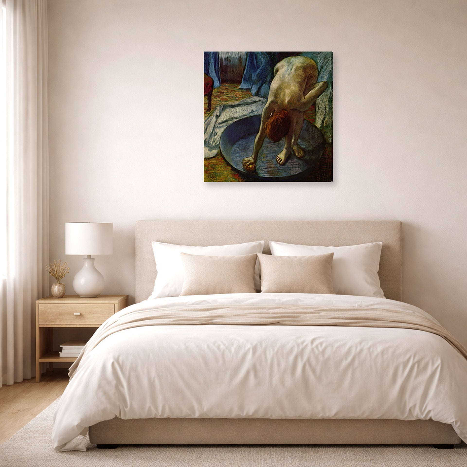 Gallery-wrapped canvas print of Edgar Degas's Frau In Der Badewanne displayed on a wall in a bedroom