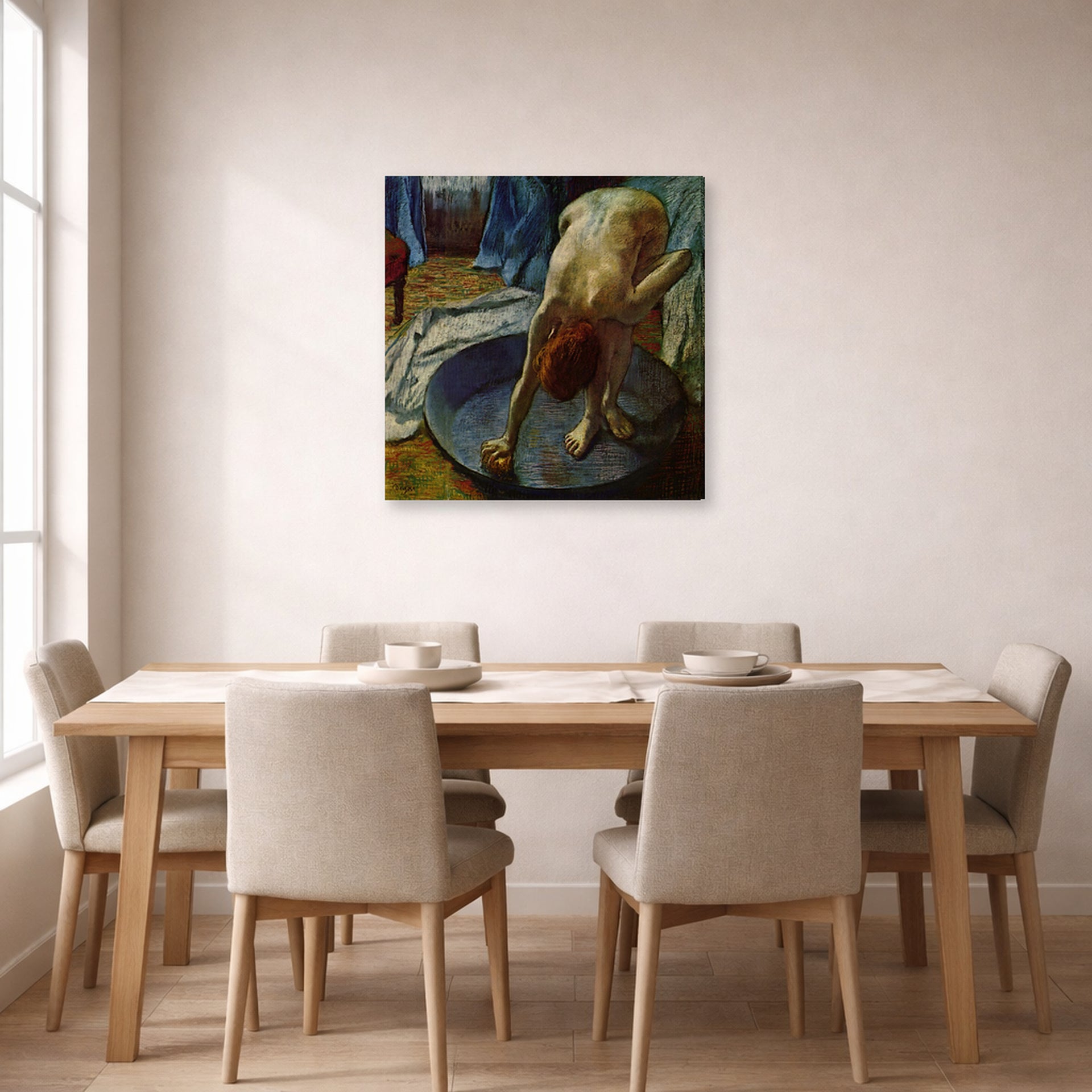 Gallery-wrapped canvas print of Edgar Degas's Frau In Der Badewanne displayed on a wall in a dining