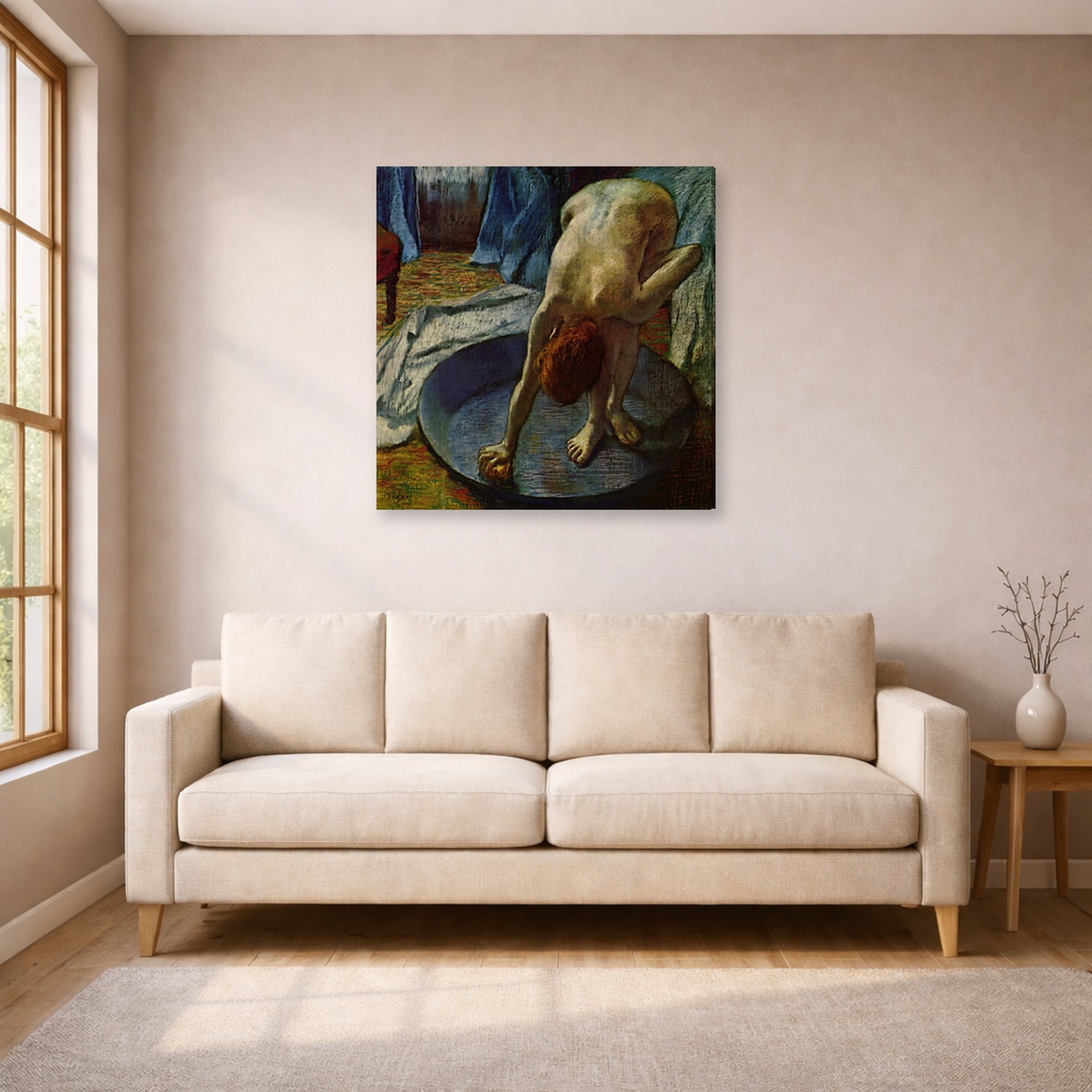 Gallery-wrapped canvas print of Edgar Degas's Frau In Der Badewanne displayed on a wall in a living room