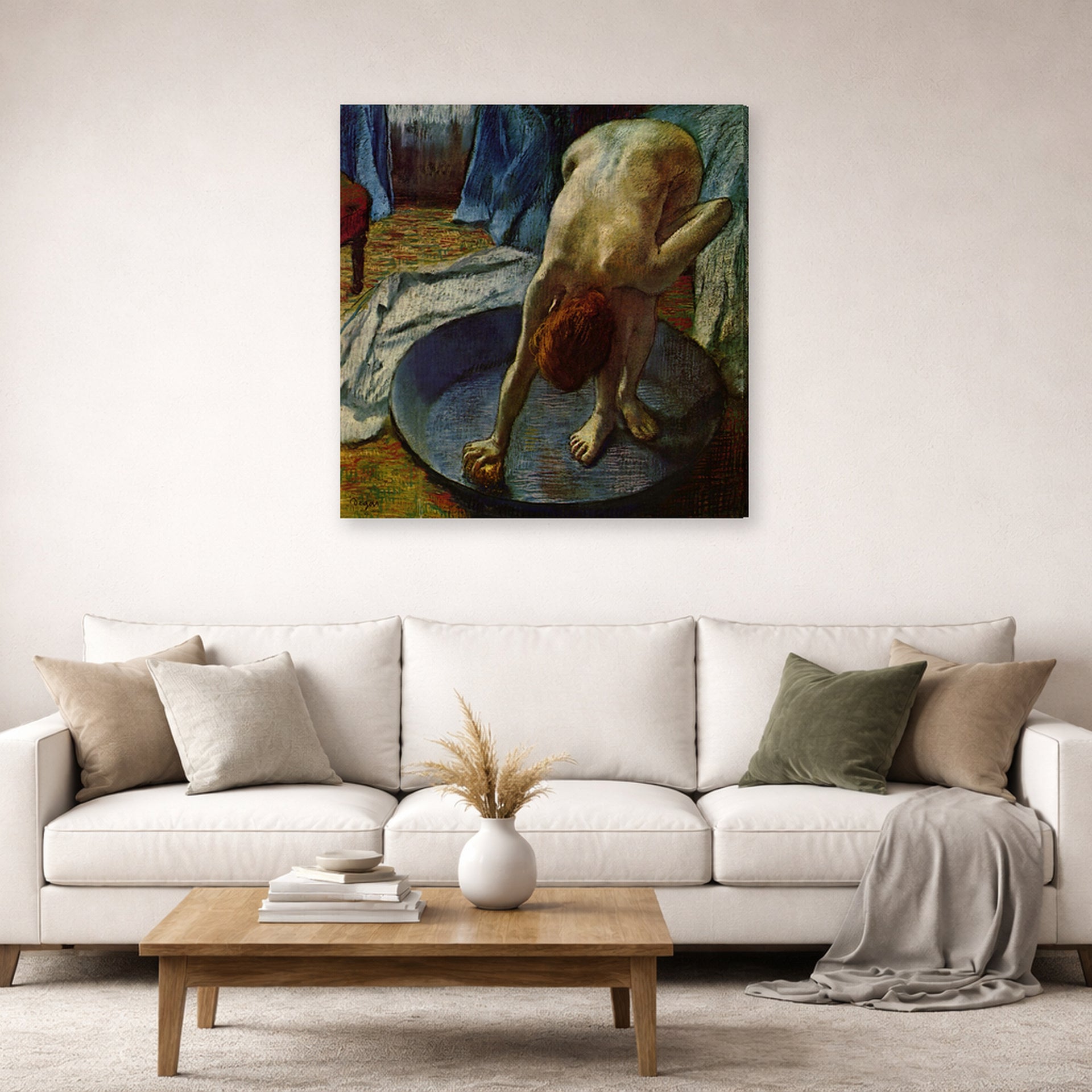 Gallery-wrapped canvas print of Edgar Degas's Frau In Der Badewanne displayed on a wall in a living room