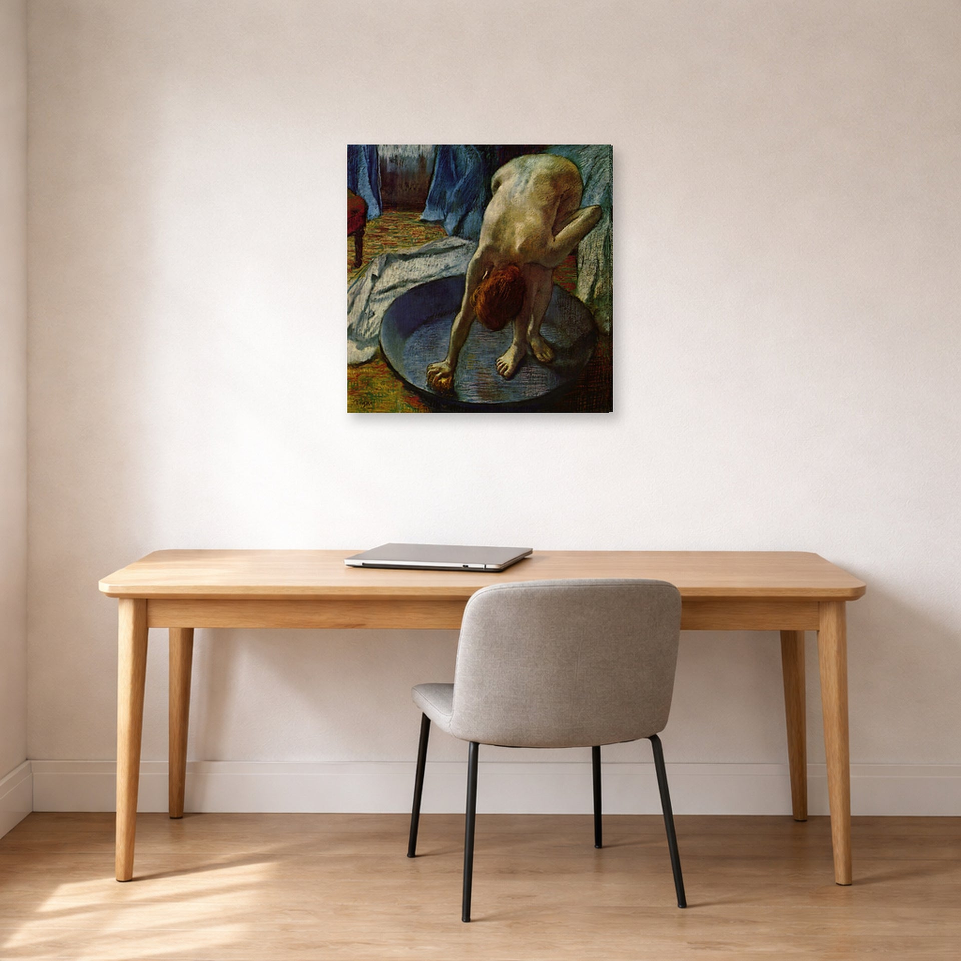 Gallery-wrapped canvas print of Edgar Degas's Frau In Der Badewanne displayed on a wall in a office