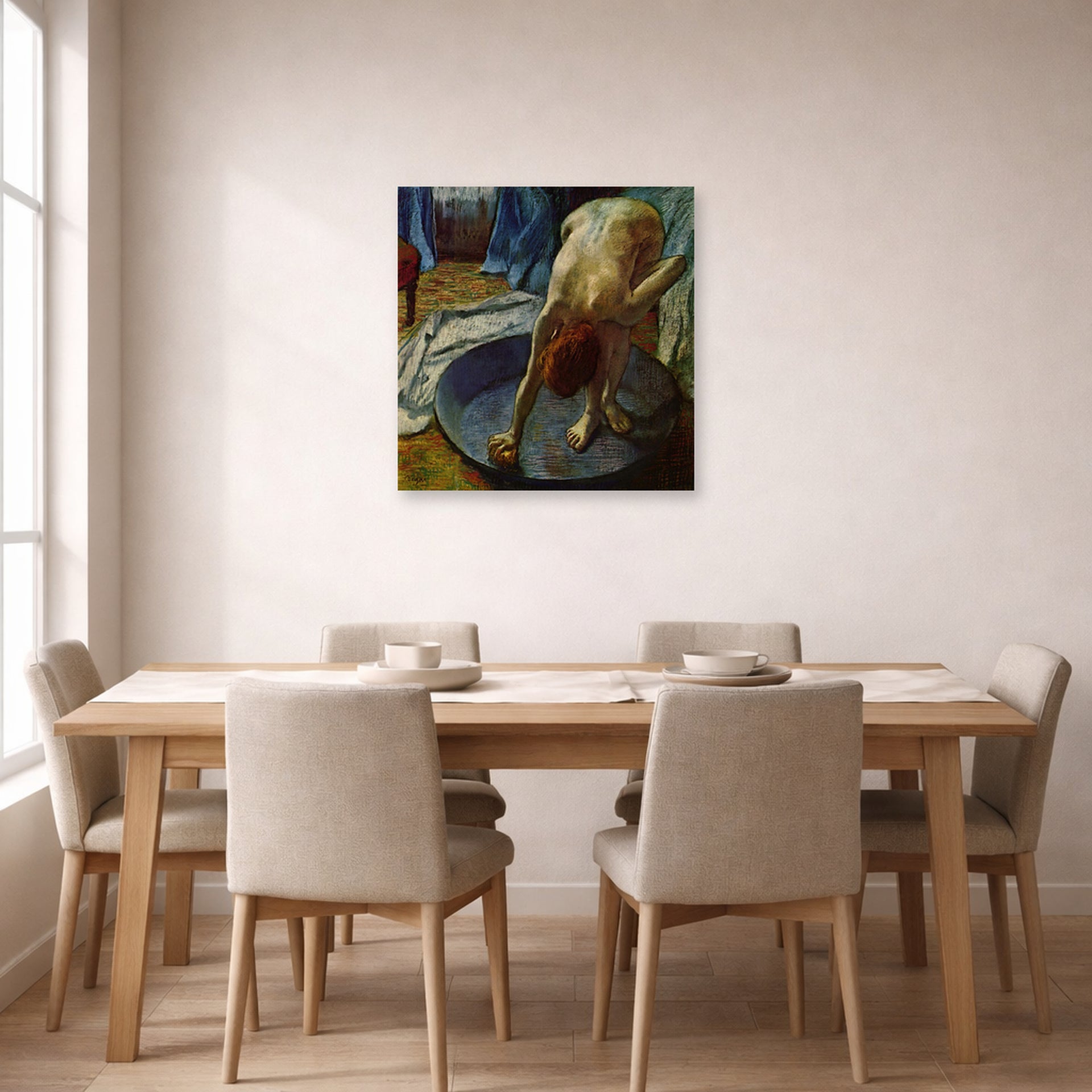 Unframed poster print of Edgar Degas's Frau In Der Badewanne displayed on a wall in a dining