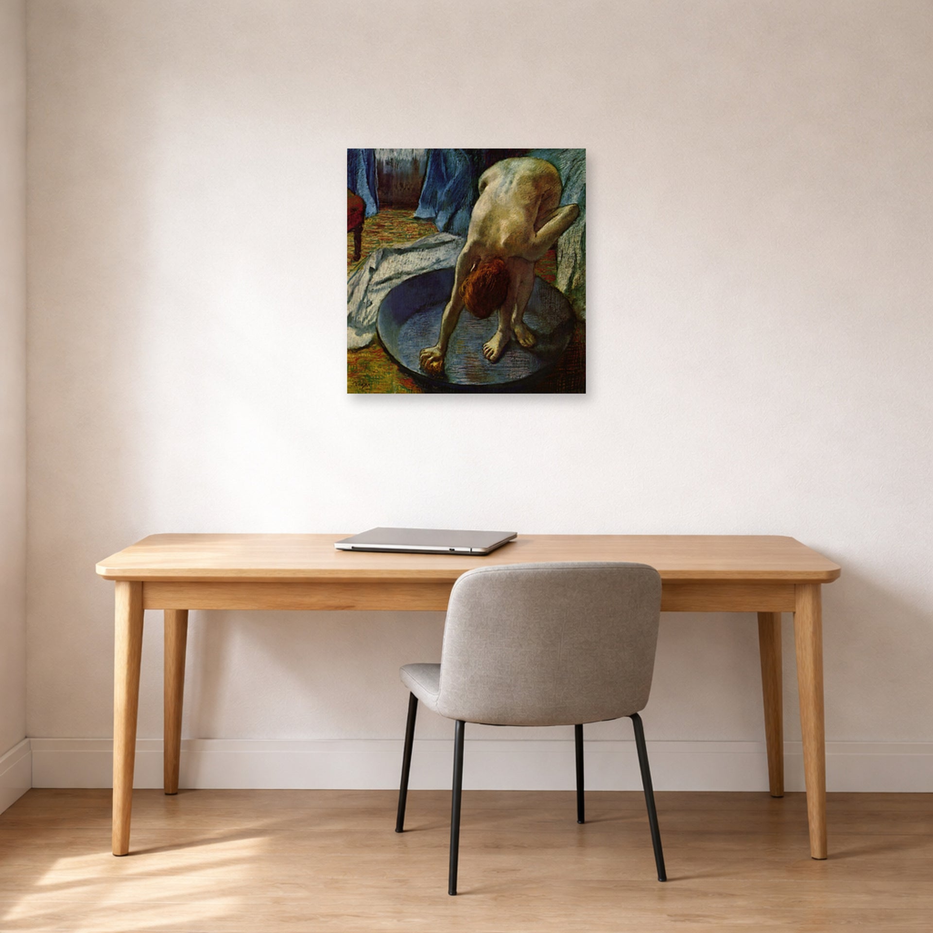 Unframed poster print of Edgar Degas's Frau In Der Badewanne displayed on a wall in a office