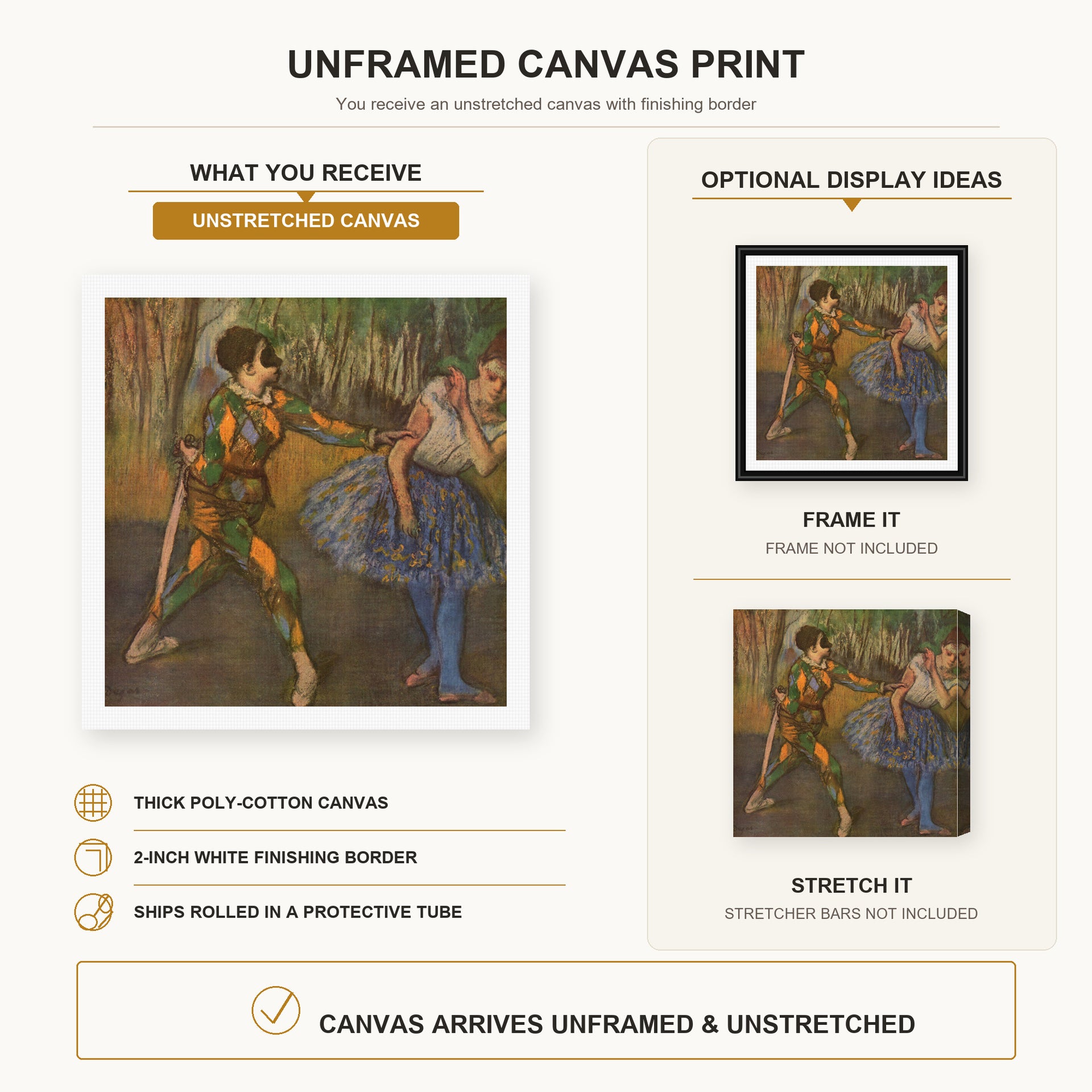 Edgar Degas - Harlekin and Colombine canvas print size comparison and framing display infographic