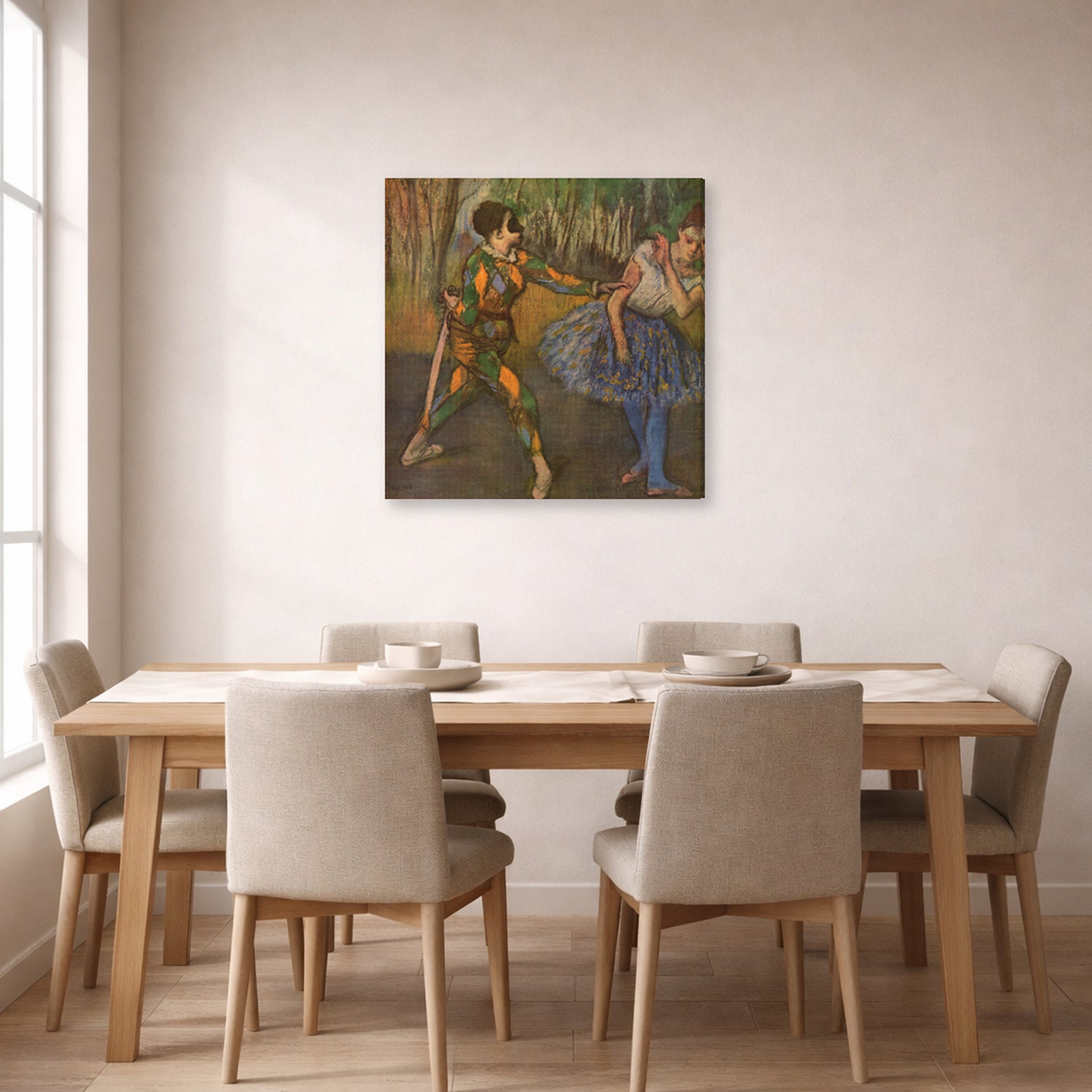 Gallery-wrapped canvas print of Edgar Degas's Harlekin and Colombine displayed on a wall in a dining