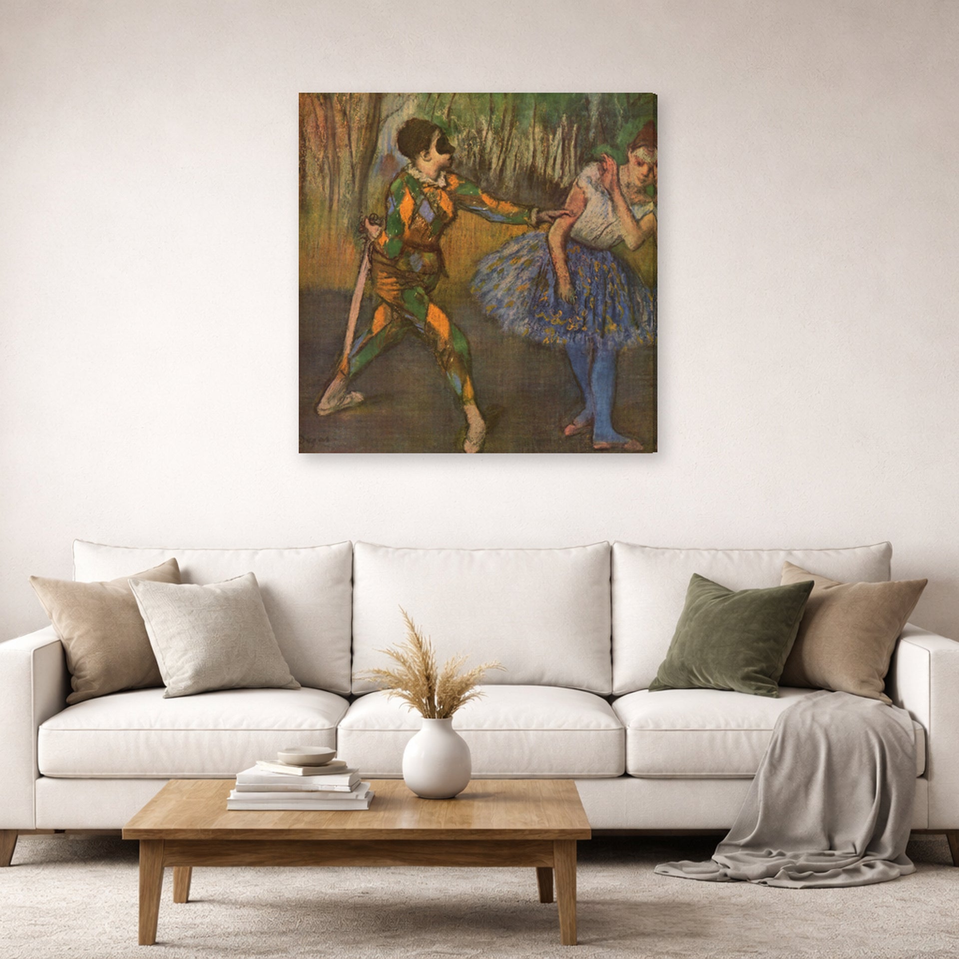 Gallery-wrapped canvas print of Edgar Degas's Harlekin and Colombine displayed on a wall in a living room