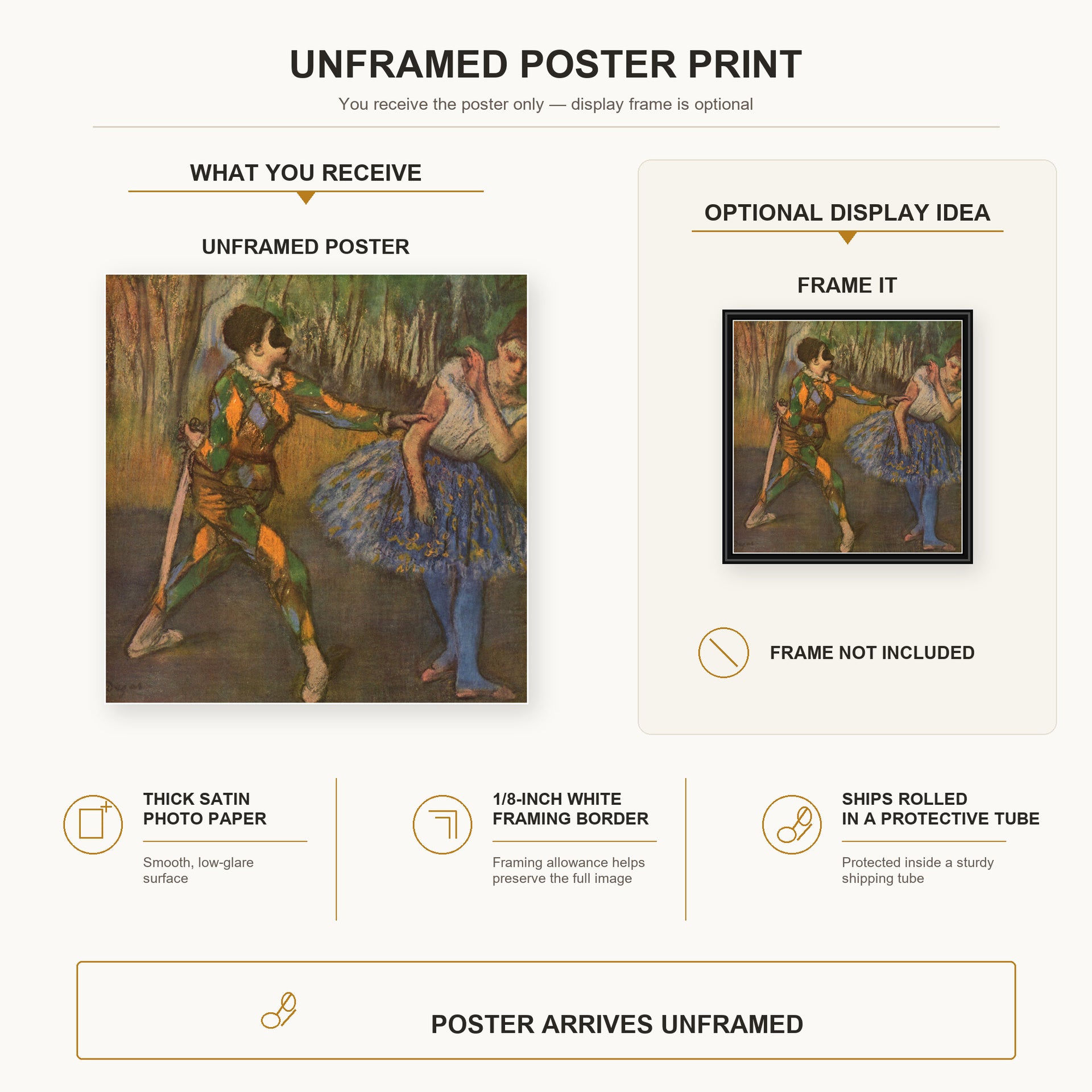 Edgar Degas - Harlekin and Colombine poster print size comparison and framing display infographic