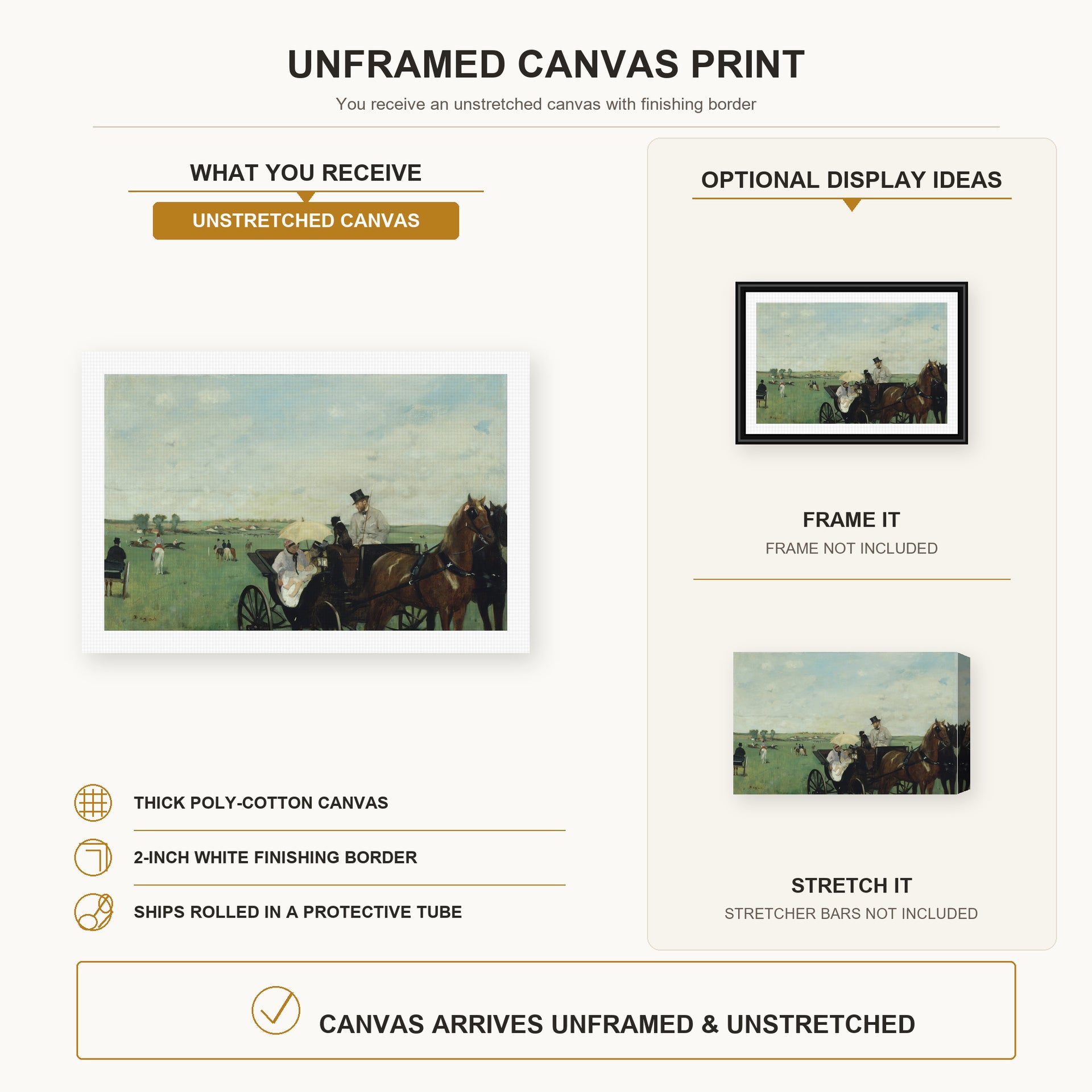 Edgar Degas - Horse Racing canvas print size comparison and framing display infographic