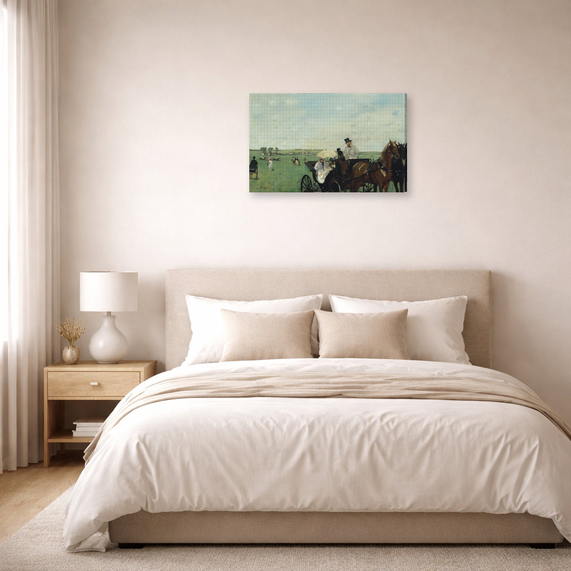 Gallery-wrapped canvas print of Edgar Degas's Horse Racing displayed on a wall in a bedroom