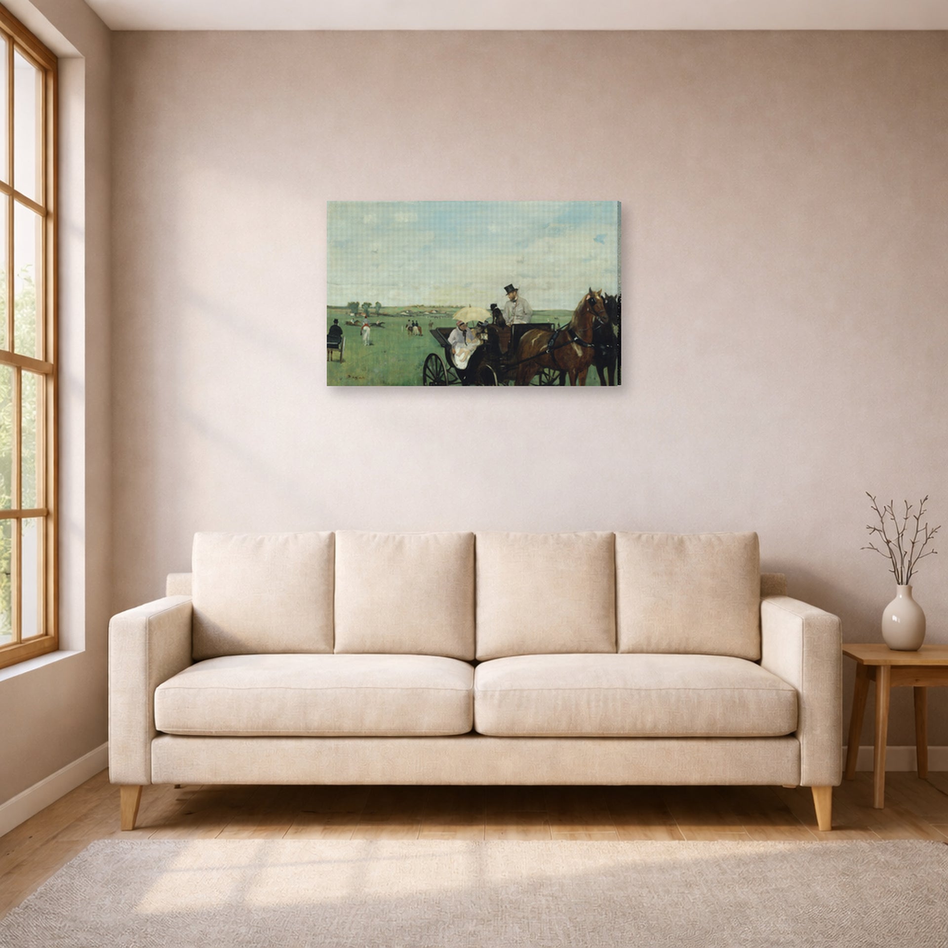 Gallery-wrapped canvas print of Edgar Degas's Horse Racing displayed on a wall in a living room