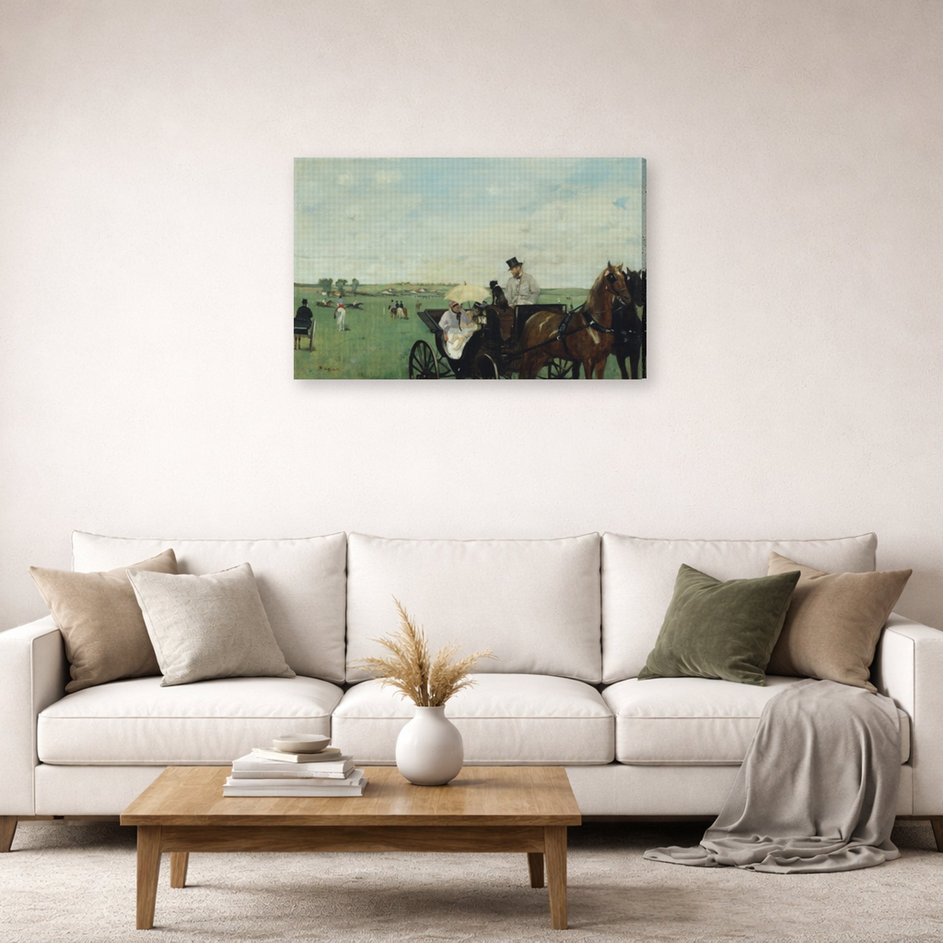 Gallery-wrapped canvas print of Edgar Degas's Horse Racing displayed on a wall in a living room