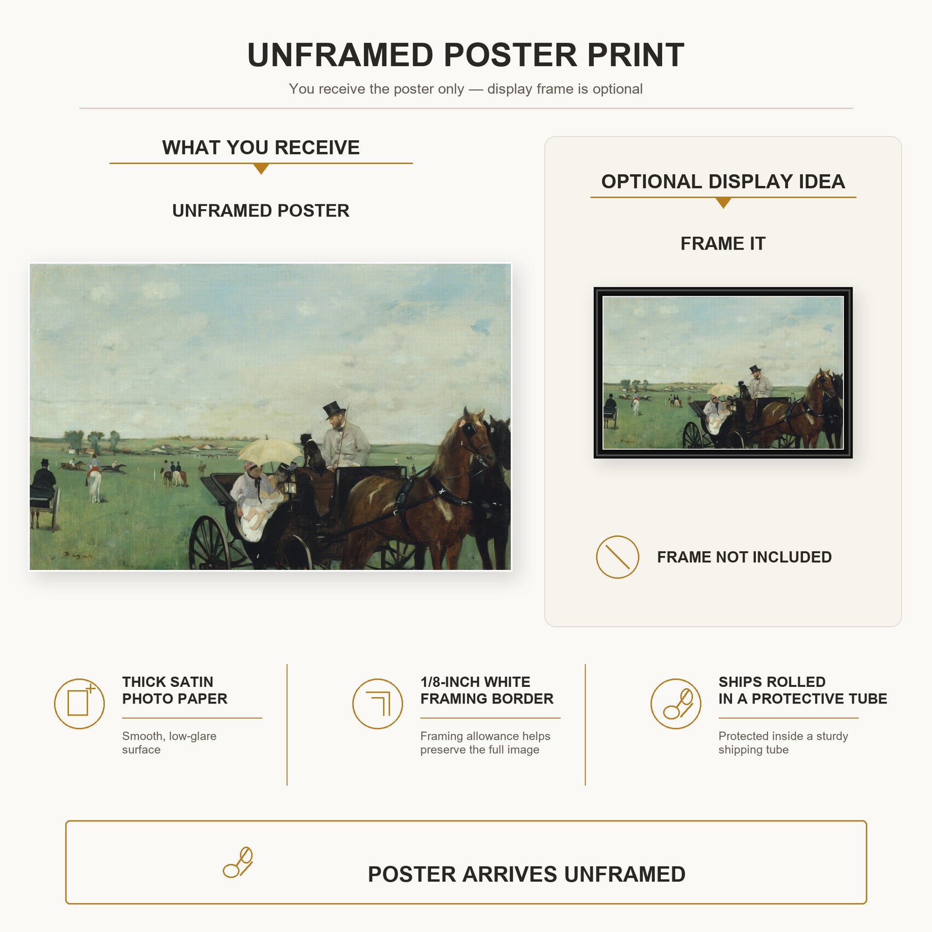 Edgar Degas - Horse Racing poster print size comparison and framing display infographic
