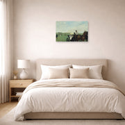 Unframed poster print of Edgar Degas's Horse Racing displayed on a wall in a bedroom