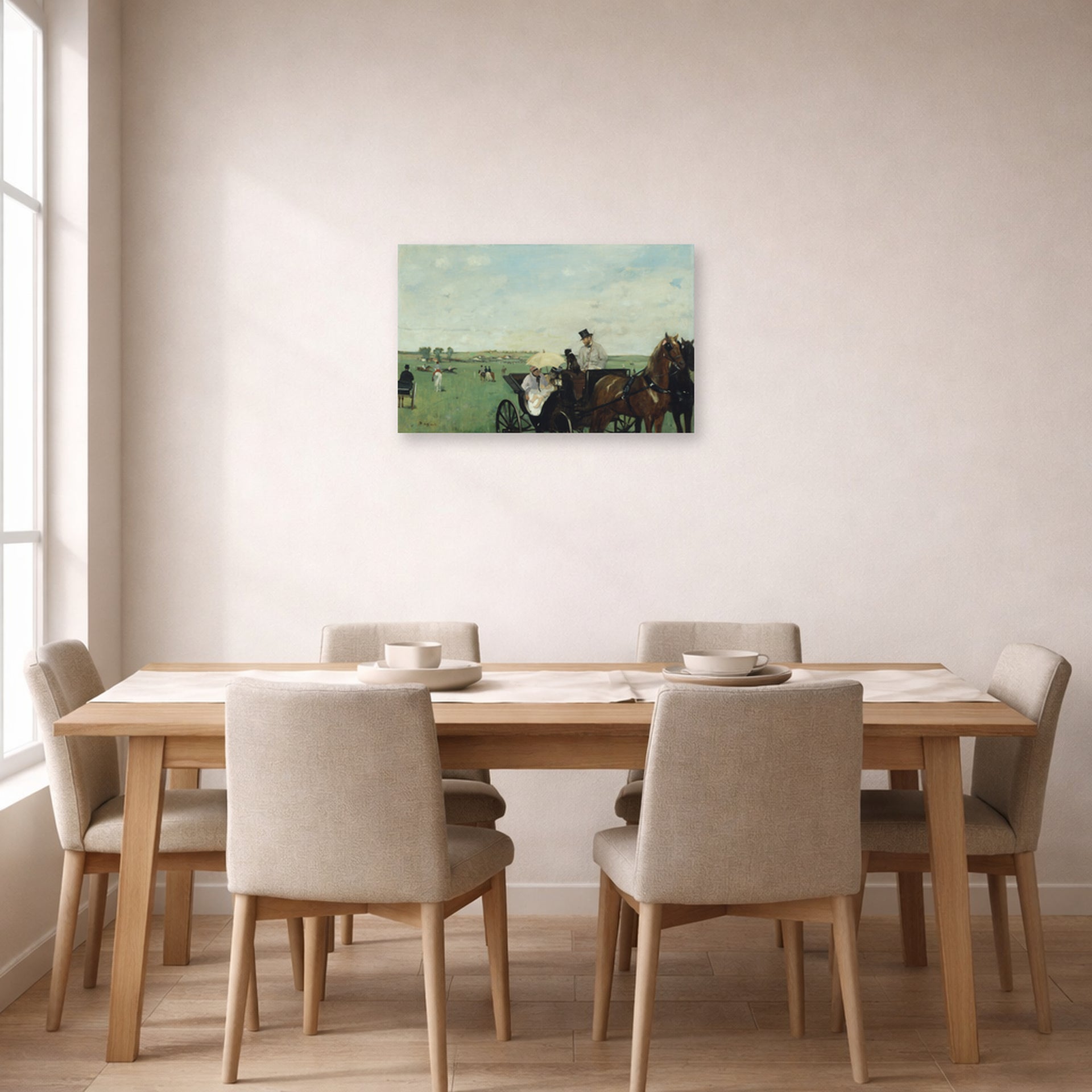 Unframed poster print of Edgar Degas's Horse Racing displayed on a wall in a dining