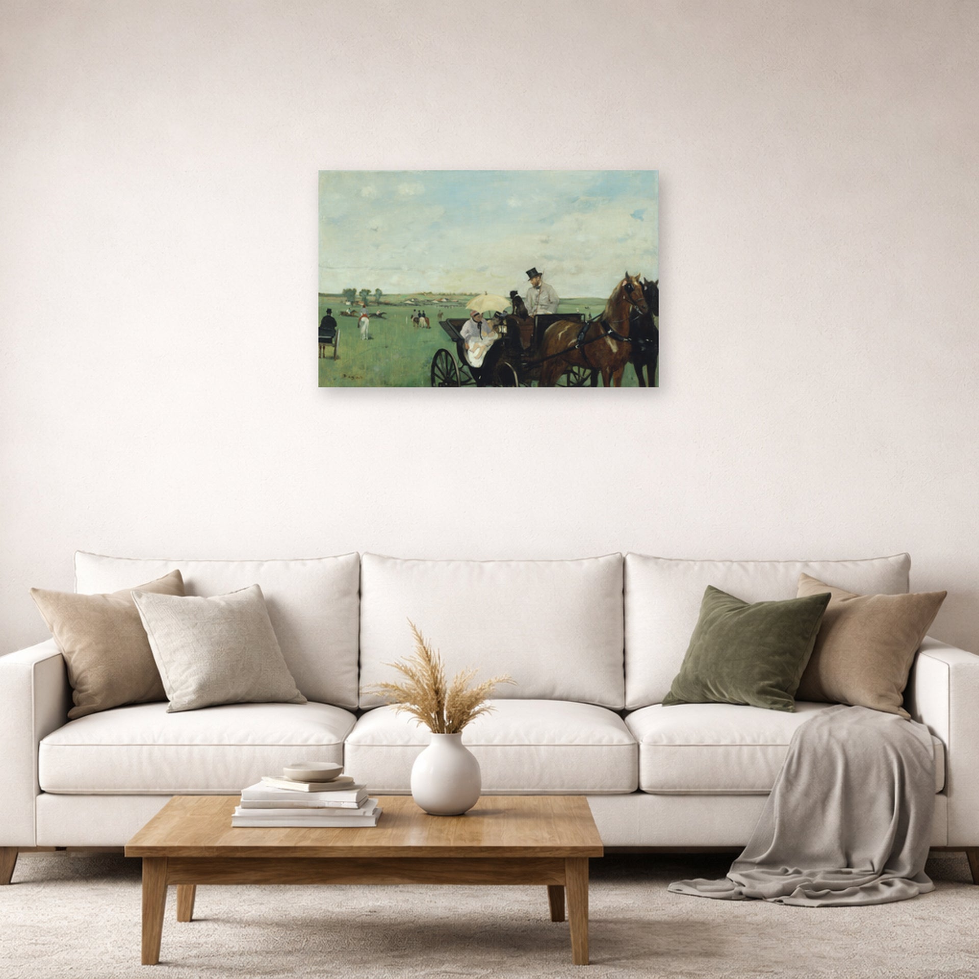 Unframed poster print of Edgar Degas's Horse Racing displayed on a wall in a living room