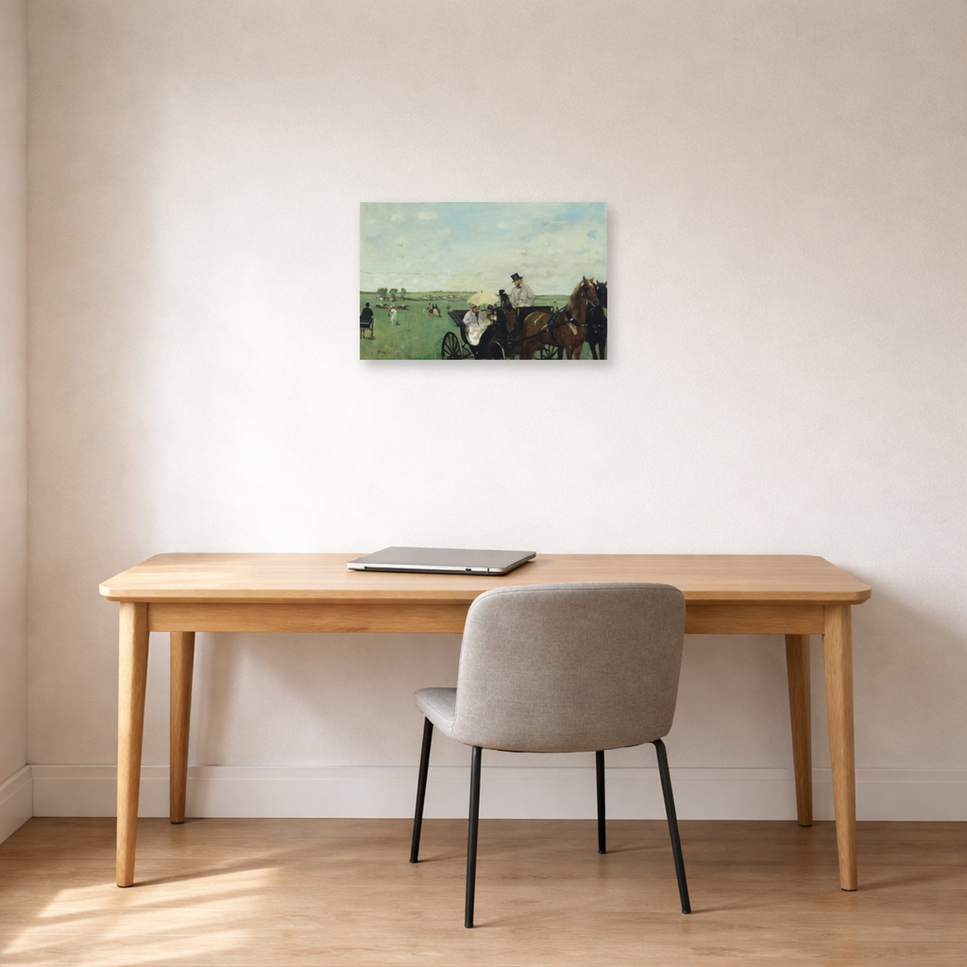 Unframed poster print of Edgar Degas's Horse Racing displayed on a wall in a office