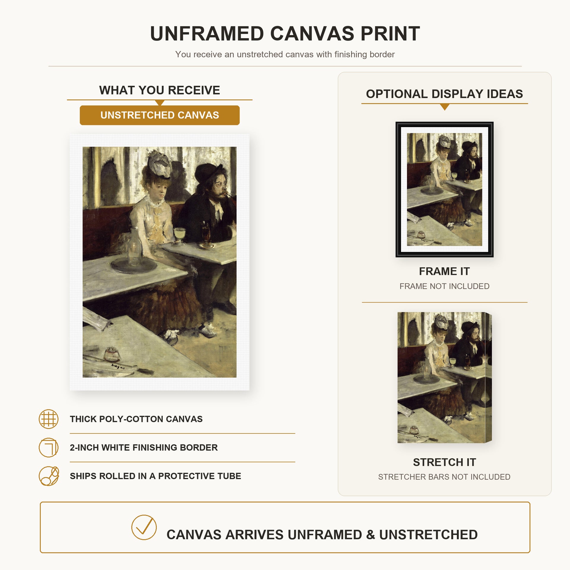 Edgar Degas - Labsinthe canvas print size comparison and framing display infographic