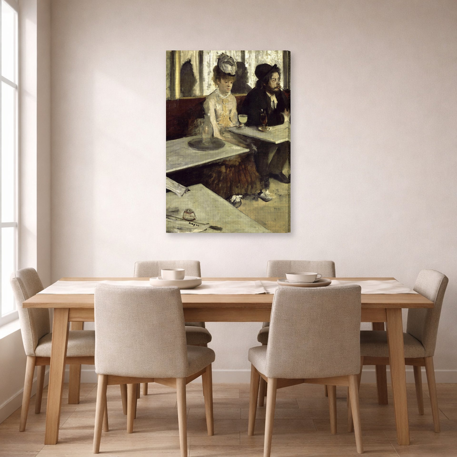 Gallery-wrapped canvas print of Edgar Degas's Labsinthe displayed on a wall in a dining
