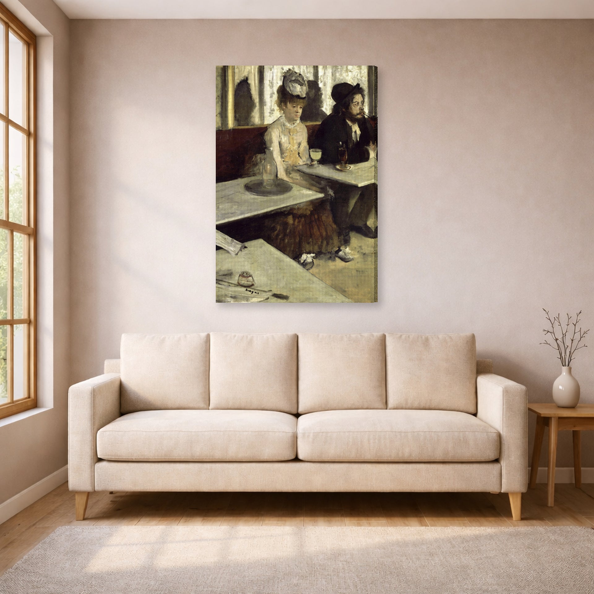 Gallery-wrapped canvas print of Edgar Degas's Labsinthe displayed on a wall in a living room