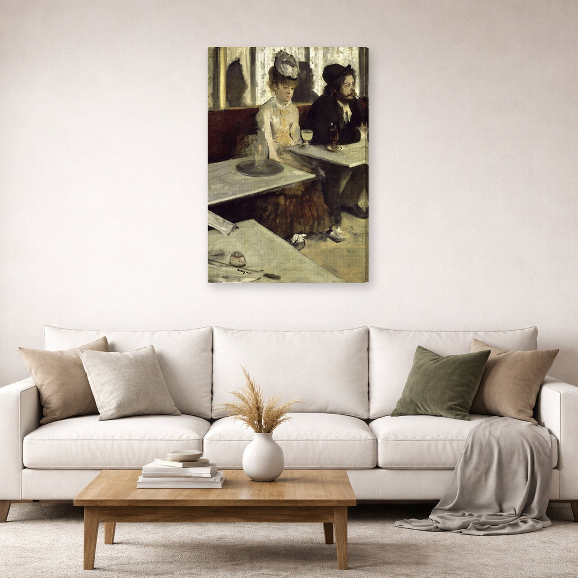 Gallery-wrapped canvas print of Edgar Degas's Labsinthe displayed on a wall in a living room