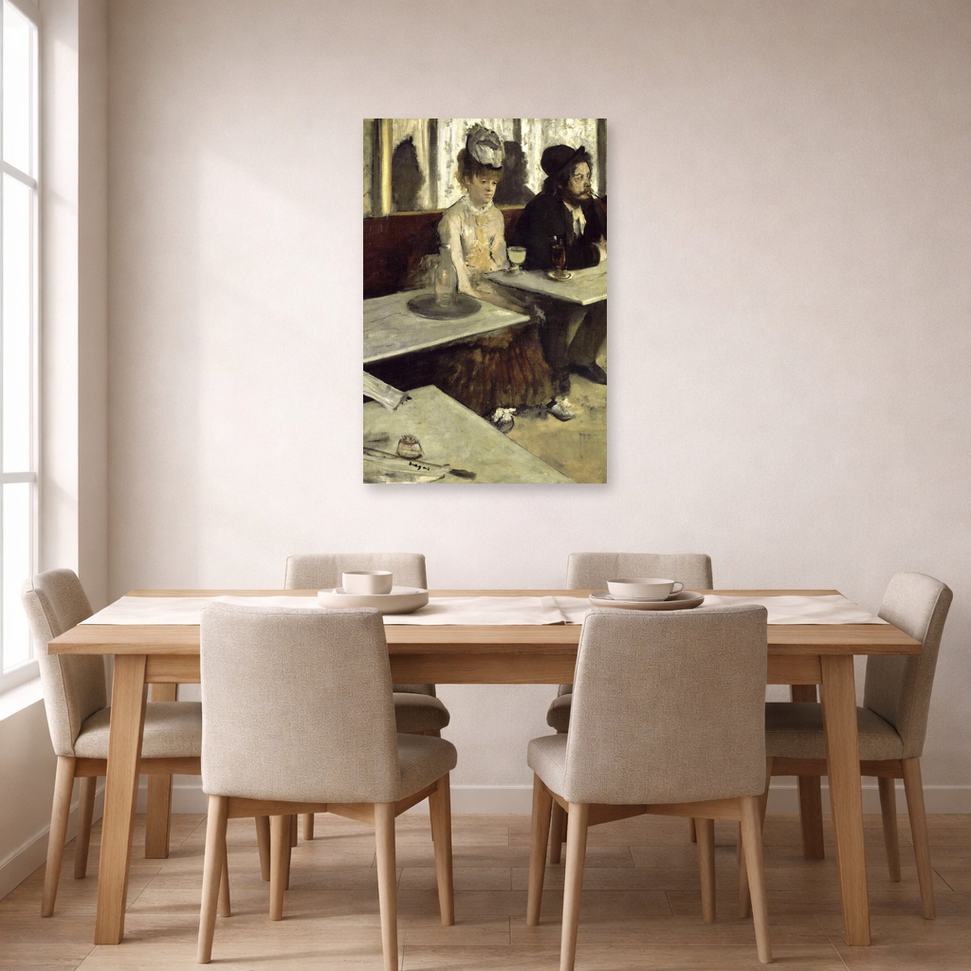 Unframed poster print of Edgar Degas's Labsinthe displayed on a wall in a dining